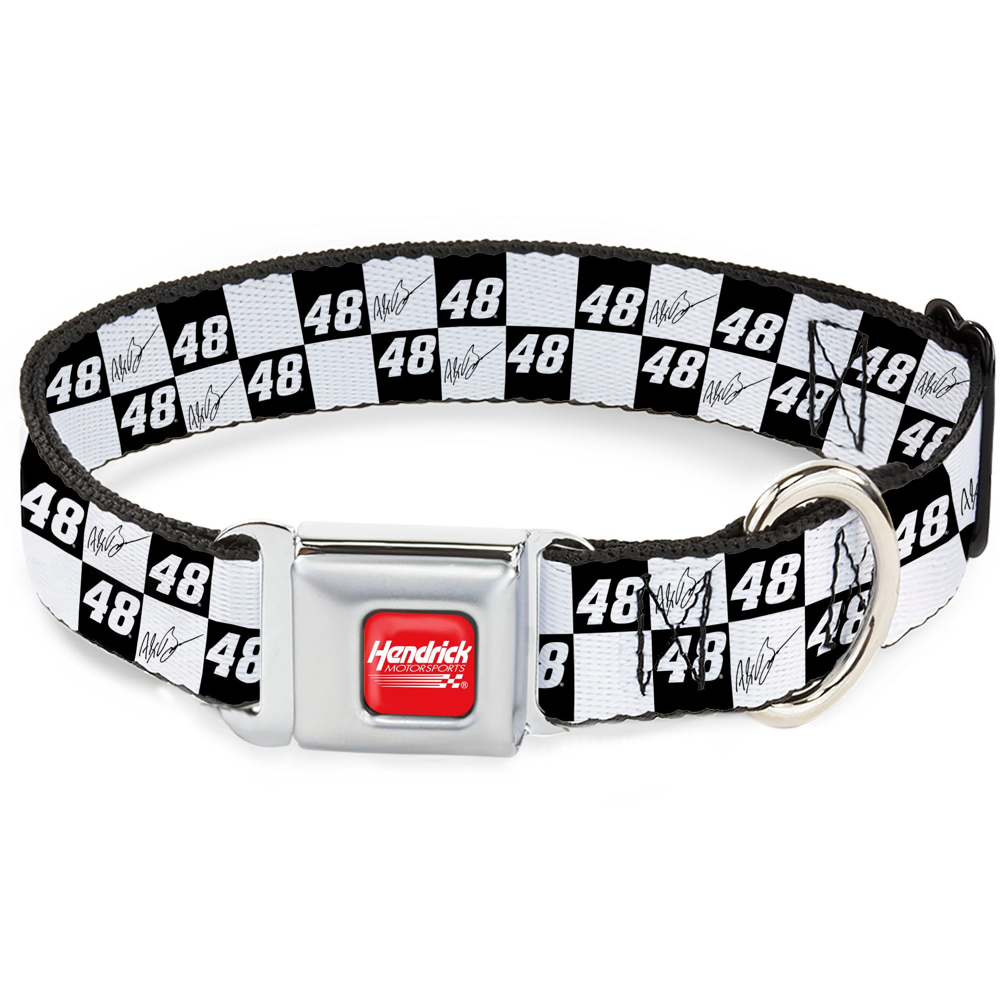 HENDRICK MOTORSPORTS Checker Logo Full Color Red/White Seatbelt Buckle Collar - Alex Bowman Autograph and #48 Checker Logo Black/White Seatbelt Buckle Collars Hendrick Motorsports