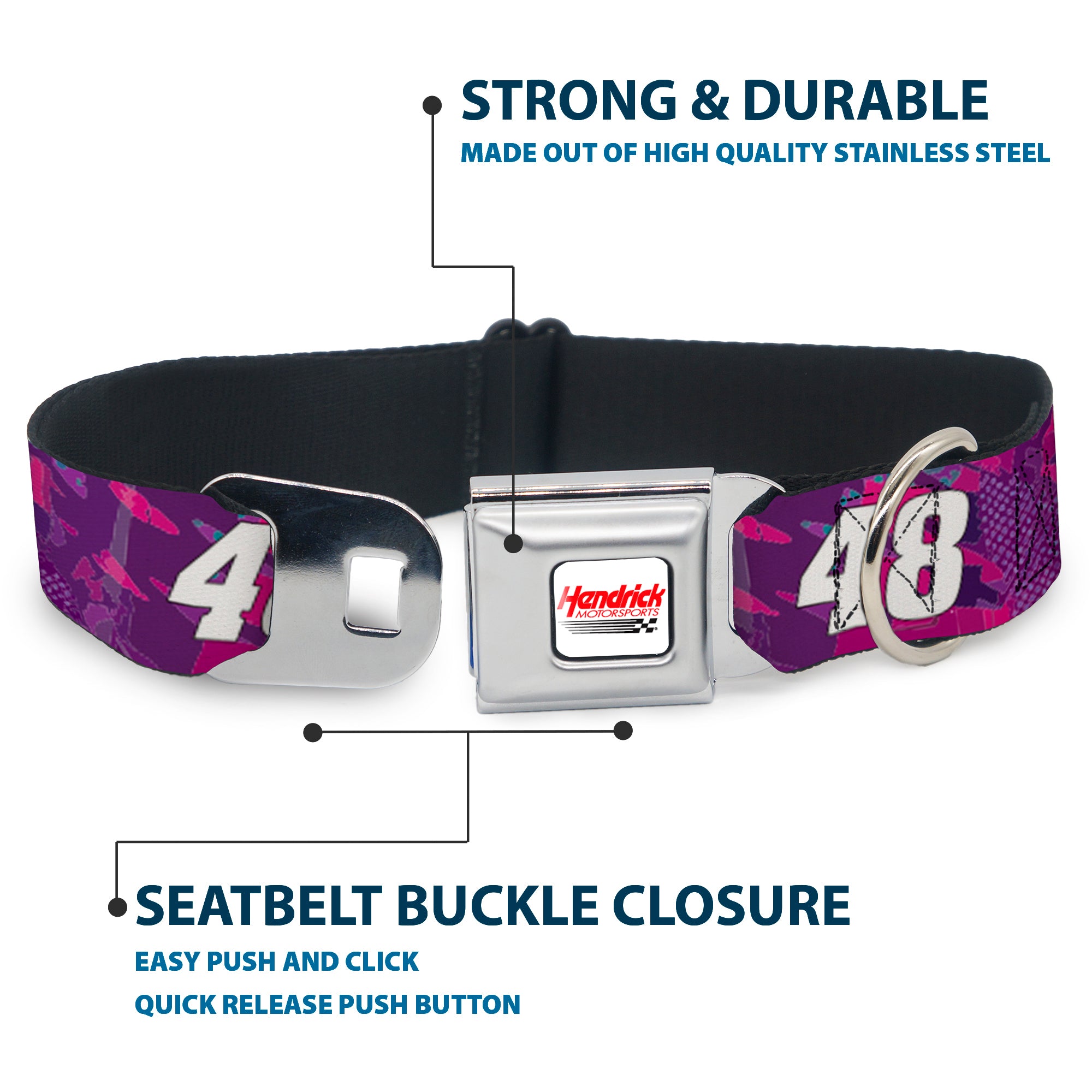 HENDRICK MOTORSPORTS Checker Logo Full Color Red/White Seatbelt Buckle Collar - Alex Bowman #48 Car Scheme Purples/Pinks/White Seatbelt Buckle Collars Hendrick Motorsports