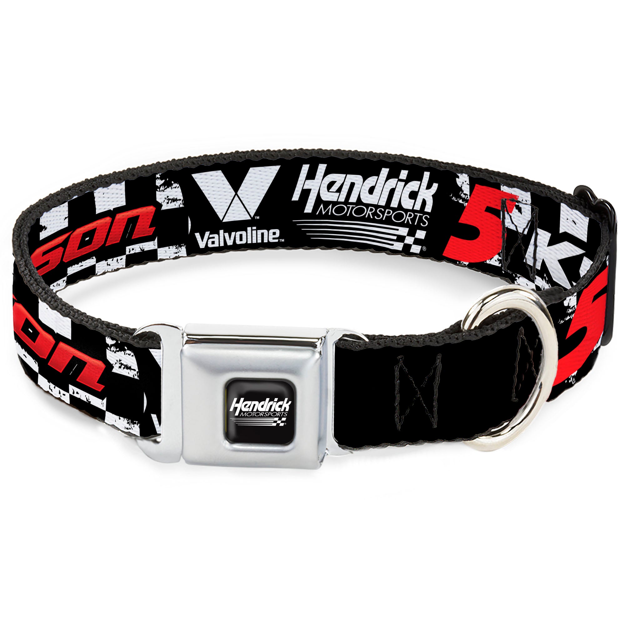 HENDRICK MOTORSPORTS Checker Logo Full Color Black/White Seatbelt Buckle Collar - KYLE LARSON #5 VALVOLINE Hendrick Motorsports Logo Black/White/Red Seatbelt Buckle Collars Hendrick Motorsports