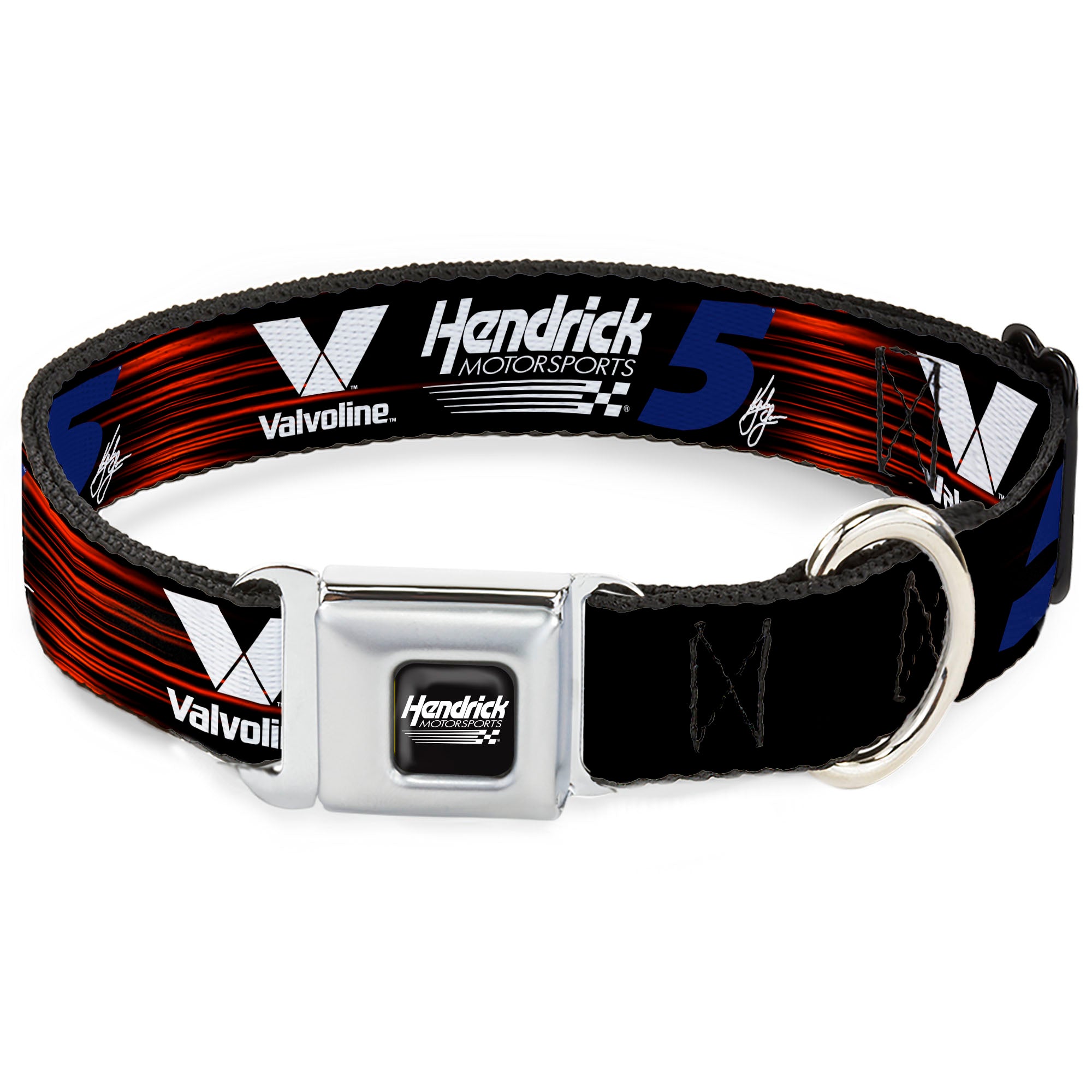 HENDRICK MOTORSPORTS Checker Logo Full Color Black/White Seatbelt Buckle Collar - Kyle Larson #5 Autograph VALVOLINE Hendrick Motorsports Logo Black/Red/White/Blue Seatbelt Buckle Collars Hendrick Motorsports
