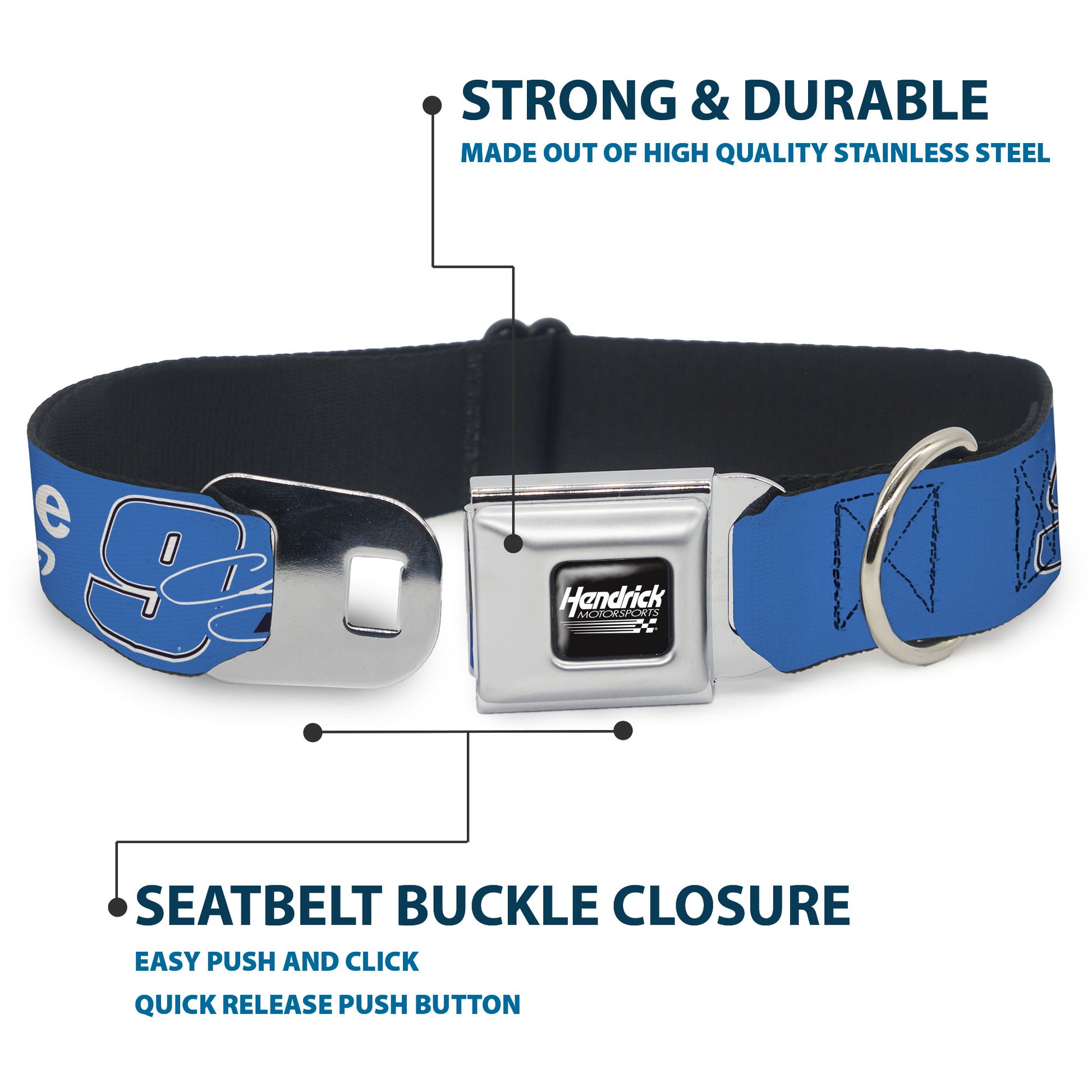HENDRICK MOTORSPORTS Checker Logo Full Color Black/White Seatbelt Buckle Collar - Chase Elliott #9 Autograph PRIME Logo Blue/Black/White Seatbelt Buckle Collars Hendrick Motorsports