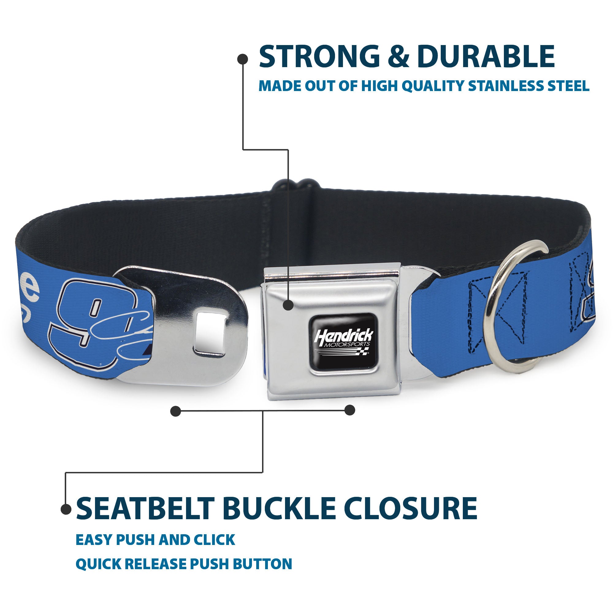 HENDRICK MOTORSPORTS Checker Logo Full Color Black/White Seatbelt Buckle Collar - Chase Elliott #9 Autograph PRIME Logo Blue/Black/White Seatbelt Buckle Collars Hendrick Motorsports