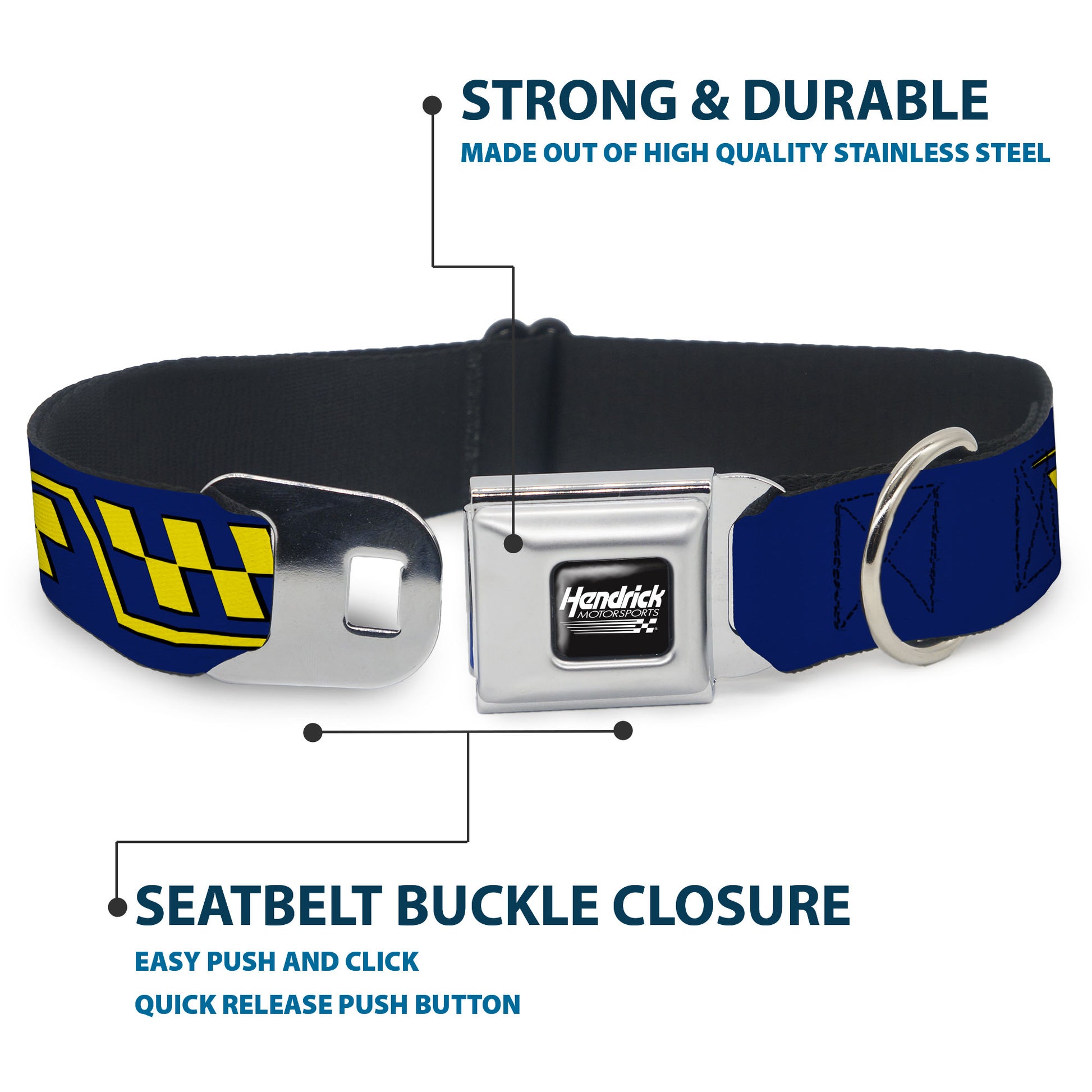HENDRICK MOTORSPORTS Checker Logo Full Color Black/White Seatbelt Buckle Collar - Jimmie Johnson #48 Autograph Checker Blue/Yellow Seatbelt Buckle Collars Hendrick Motorsports