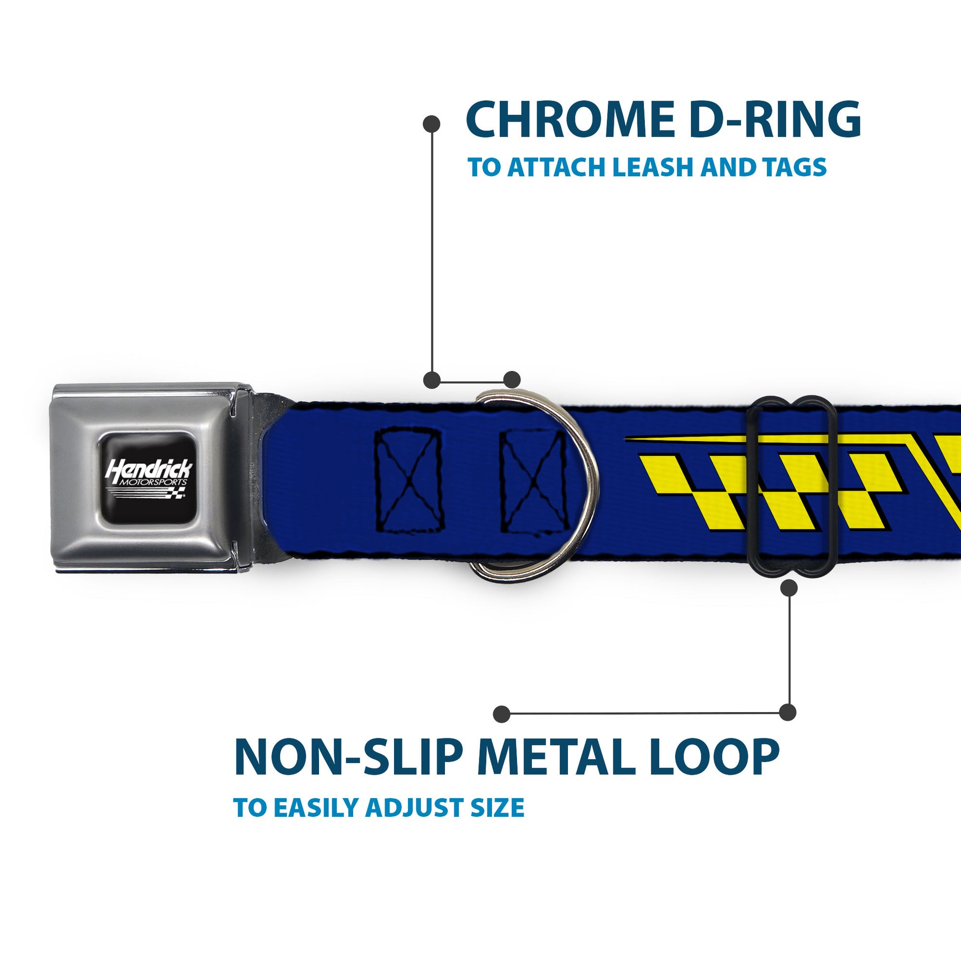 HENDRICK MOTORSPORTS Checker Logo Full Color Black/White Seatbelt Buckle Collar - Jimmie Johnson #48 Autograph Checker Blue/Yellow Seatbelt Buckle Collars Hendrick Motorsports