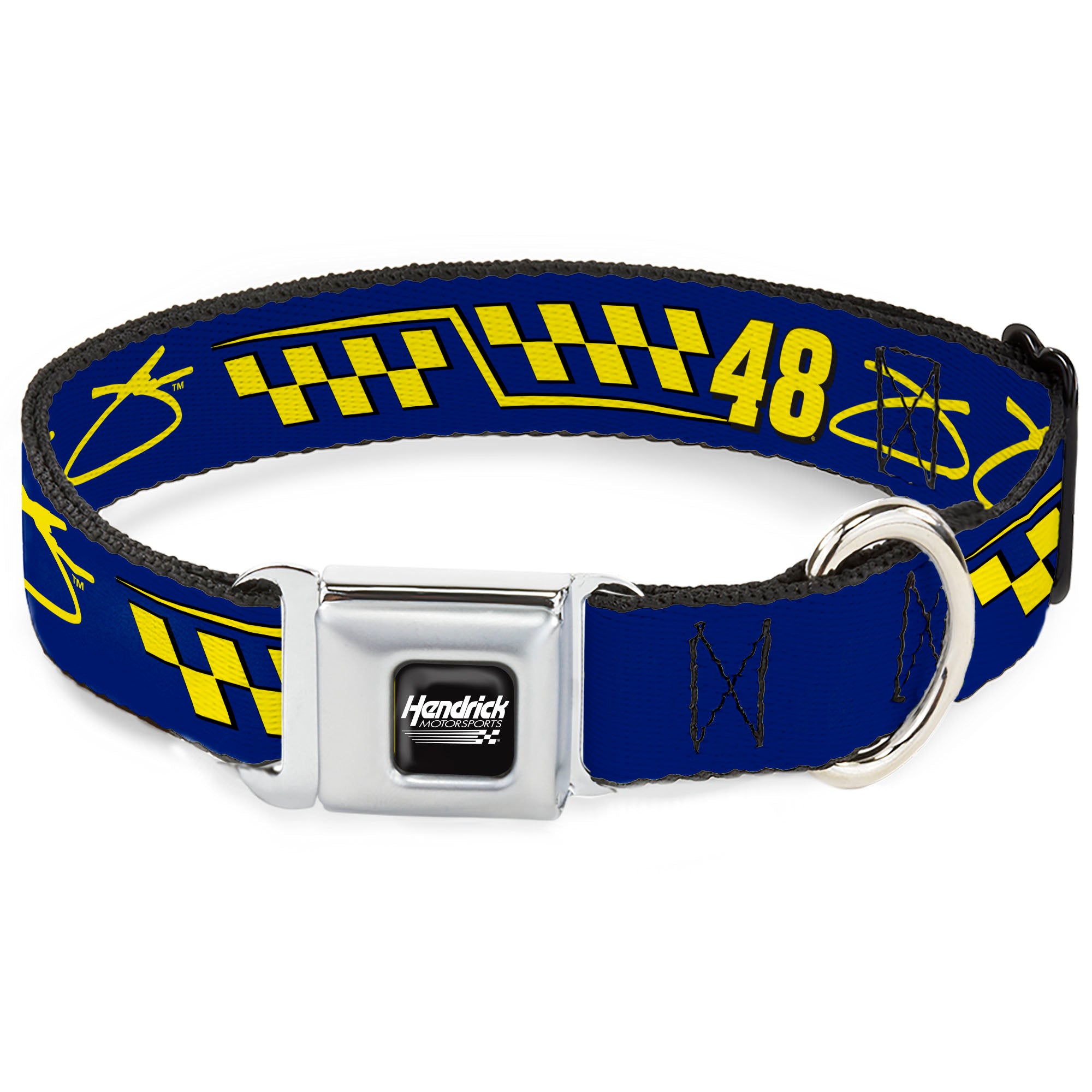 HENDRICK MOTORSPORTS Checker Logo Full Color Black/White Seatbelt Buckle Collar - Jimmie Johnson #48 Autograph Checker Blue/Yellow Seatbelt Buckle Collars Hendrick Motorsports
