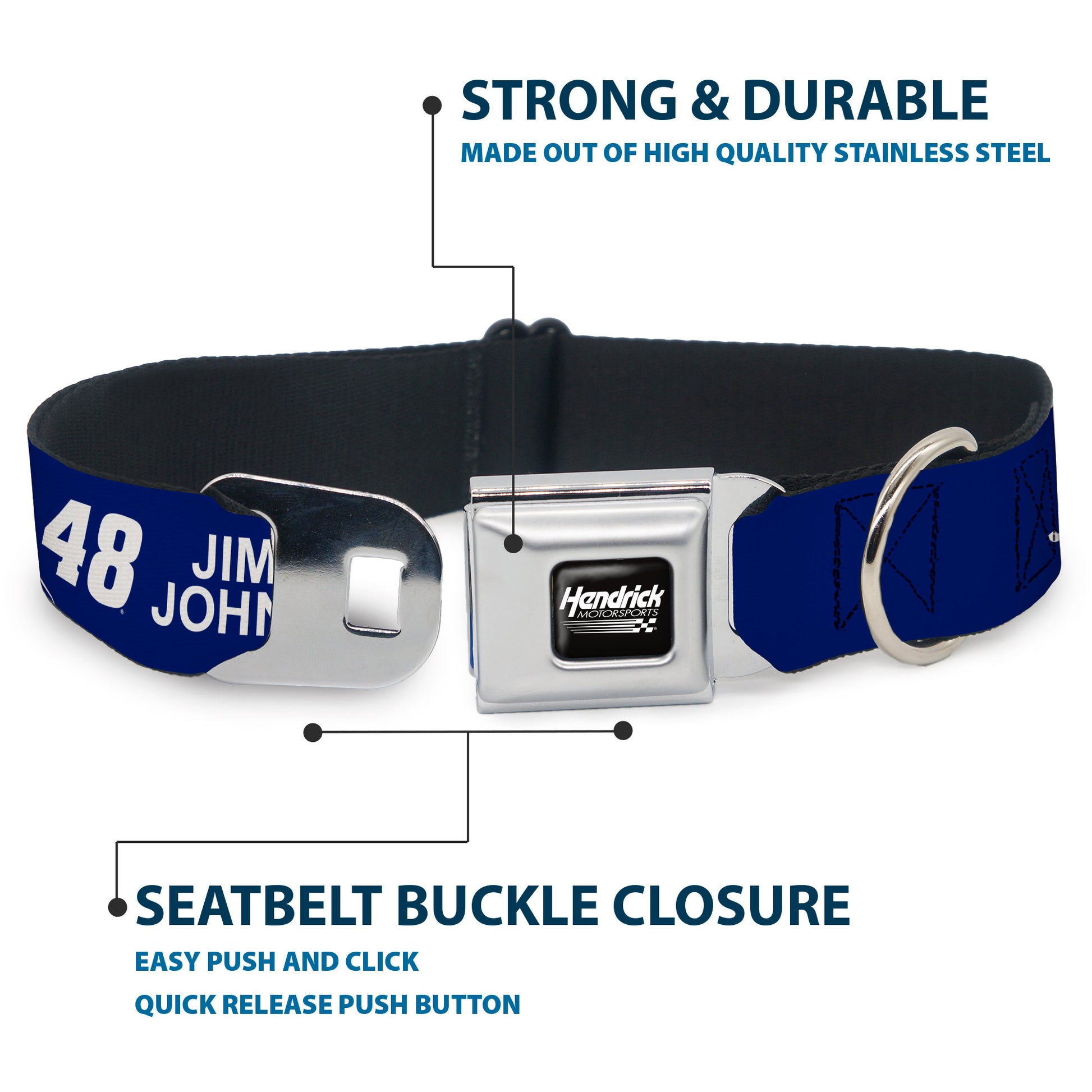HENDRICK MOTORSPORTS Checker Logo Full Color Black/White Seatbelt Buckle Collar - JIMMIE JOHNSON #48 LOWE'S Logo Checker Blue/White Seatbelt Buckle Collars Hendrick Motorsports