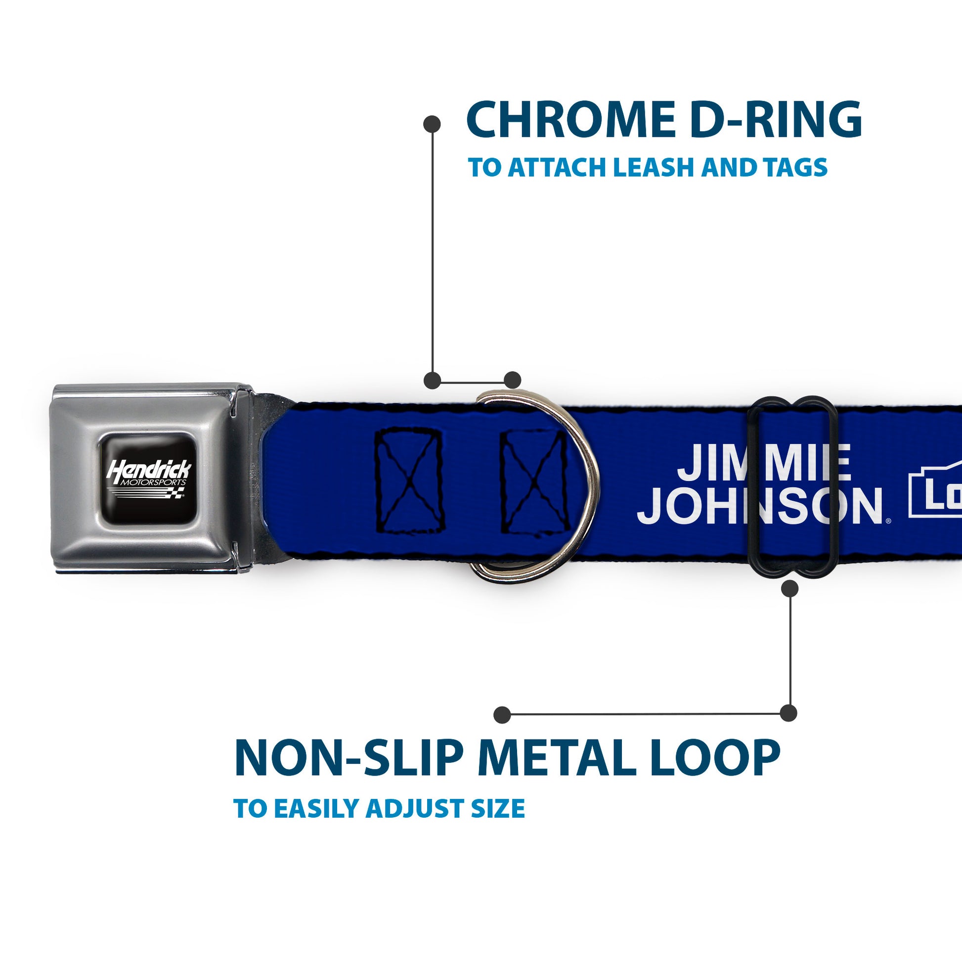 HENDRICK MOTORSPORTS Checker Logo Full Color Black/White Seatbelt Buckle Collar - JIMMIE JOHNSON #48 LOWE'S Logo Checker Blue/White Seatbelt Buckle Collars Hendrick Motorsports