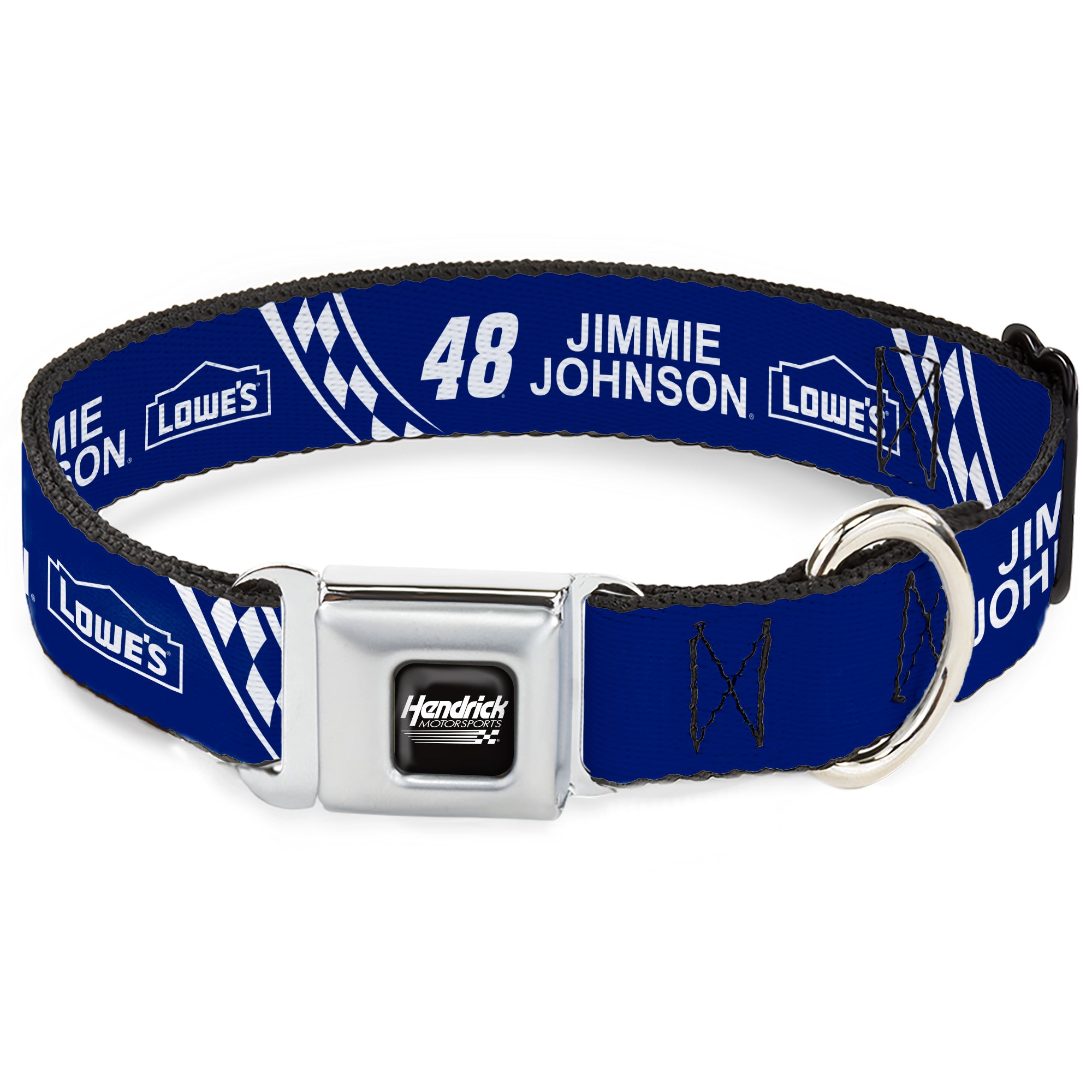 HENDRICK MOTORSPORTS Checker Logo Full Color Black/White Seatbelt Buckle Collar - JIMMIE JOHNSON #48 LOWE'S Logo Checker Blue/White Seatbelt Buckle Collars Hendrick Motorsports