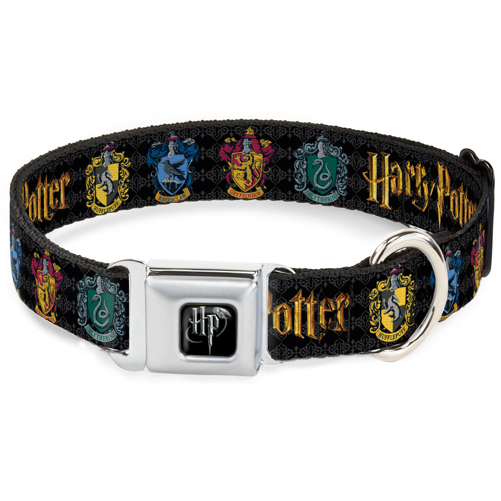 Harry Potter Logo Full Color Black/White Seatbelt Buckle Collar - HARRY POTTER Hufflepuff/Ravenclaw/Gryffindor/Slytherin Coat of Arms Black Seatbelt Buckle Collars Harry Potter