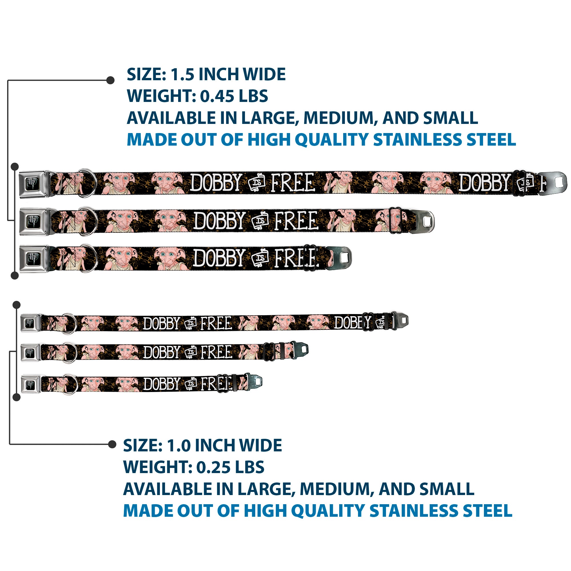 Harry Potter Logo Full Color Black/White Seatbelt Buckle Collar - DOBBY IS FREE/3-Dobby Poses Star Swirls Black/Gold/White Seatbelt Buckle Collars Harry Potter