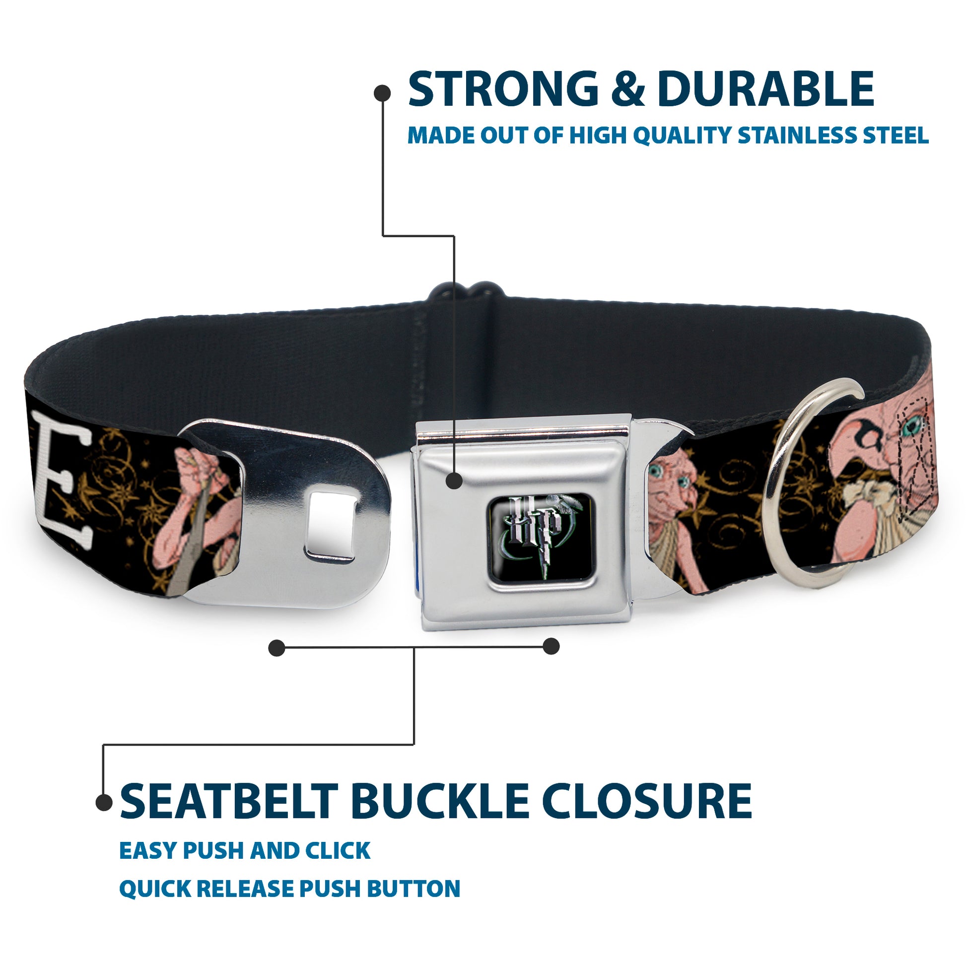 Harry Potter Logo Full Color Black/White Seatbelt Buckle Collar - DOBBY IS FREE/3-Dobby Poses Star Swirls Black/Gold/White Seatbelt Buckle Collars Harry Potter