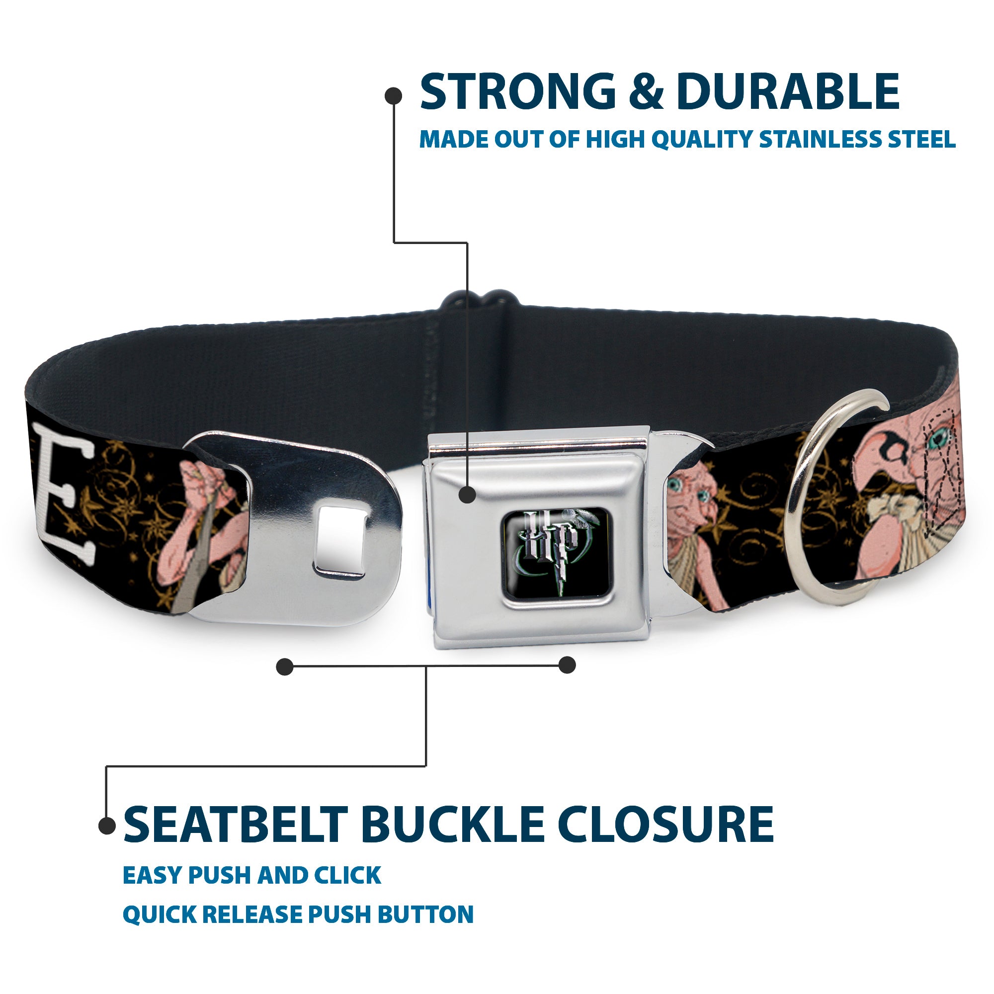 Harry Potter Logo Full Color Black/White Seatbelt Buckle Collar - DOBBY IS FREE/3-Dobby Poses Star Swirls Black/Gold/White Seatbelt Buckle Collars Harry Potter