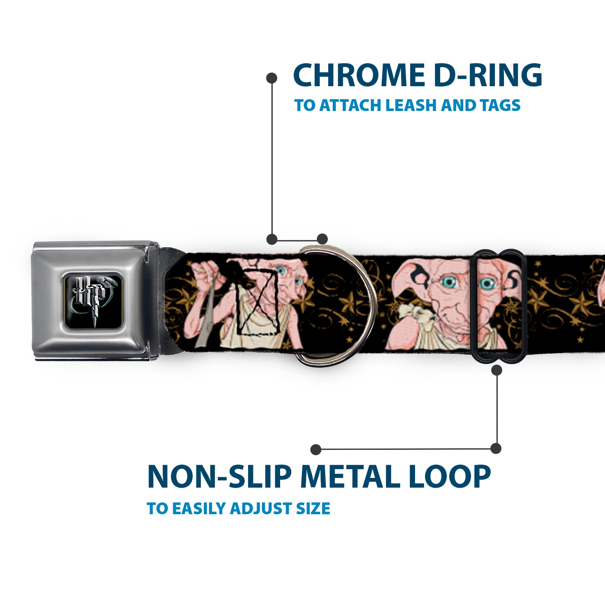 Harry Potter Logo Full Color Black/White Seatbelt Buckle Collar - DOBBY IS FREE/3-Dobby Poses Star Swirls Black/Gold/White Seatbelt Buckle Collars Harry Potter