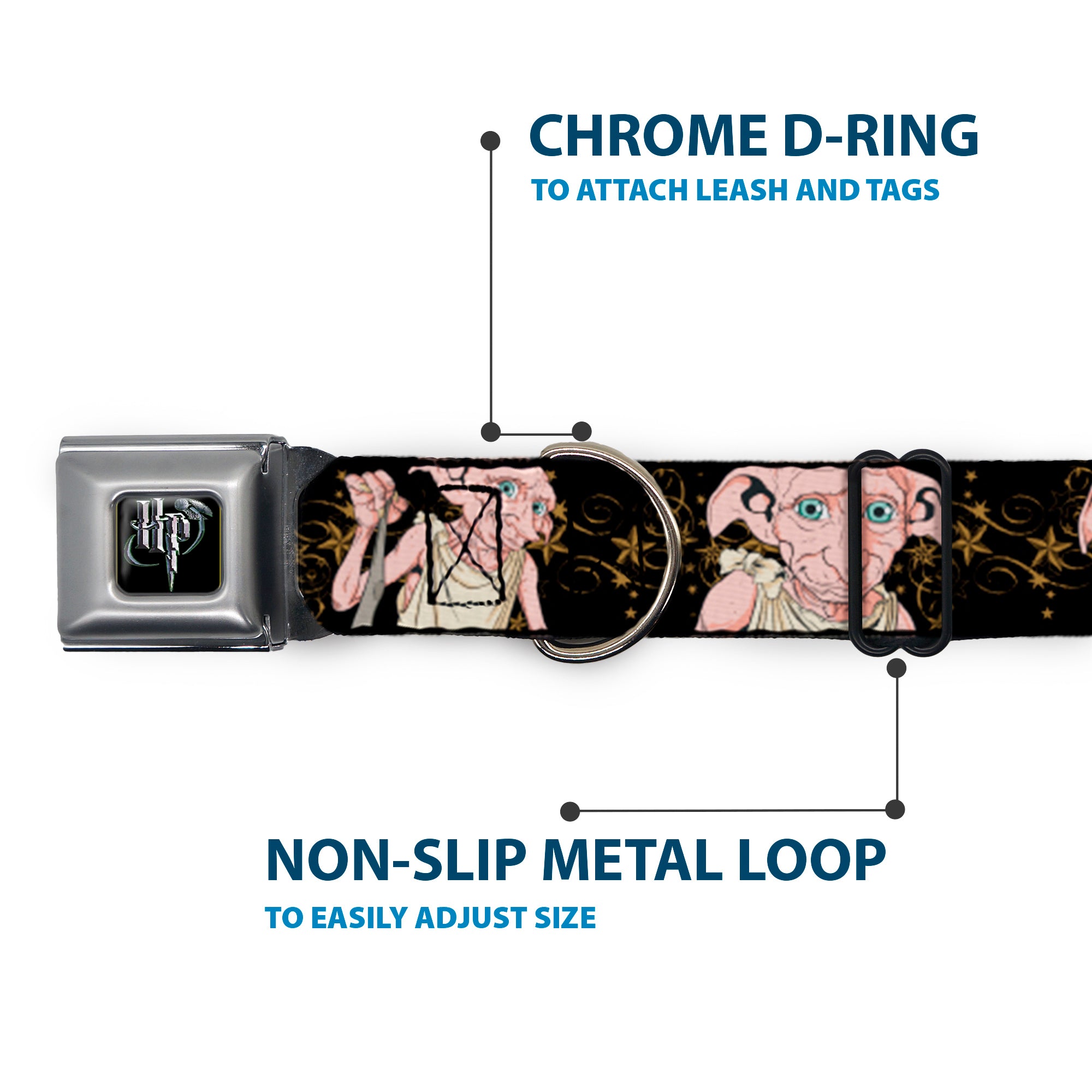 Harry Potter Logo Full Color Black/White Seatbelt Buckle Collar - DOBBY IS FREE/3-Dobby Poses Star Swirls Black/Gold/White Seatbelt Buckle Collars Harry Potter