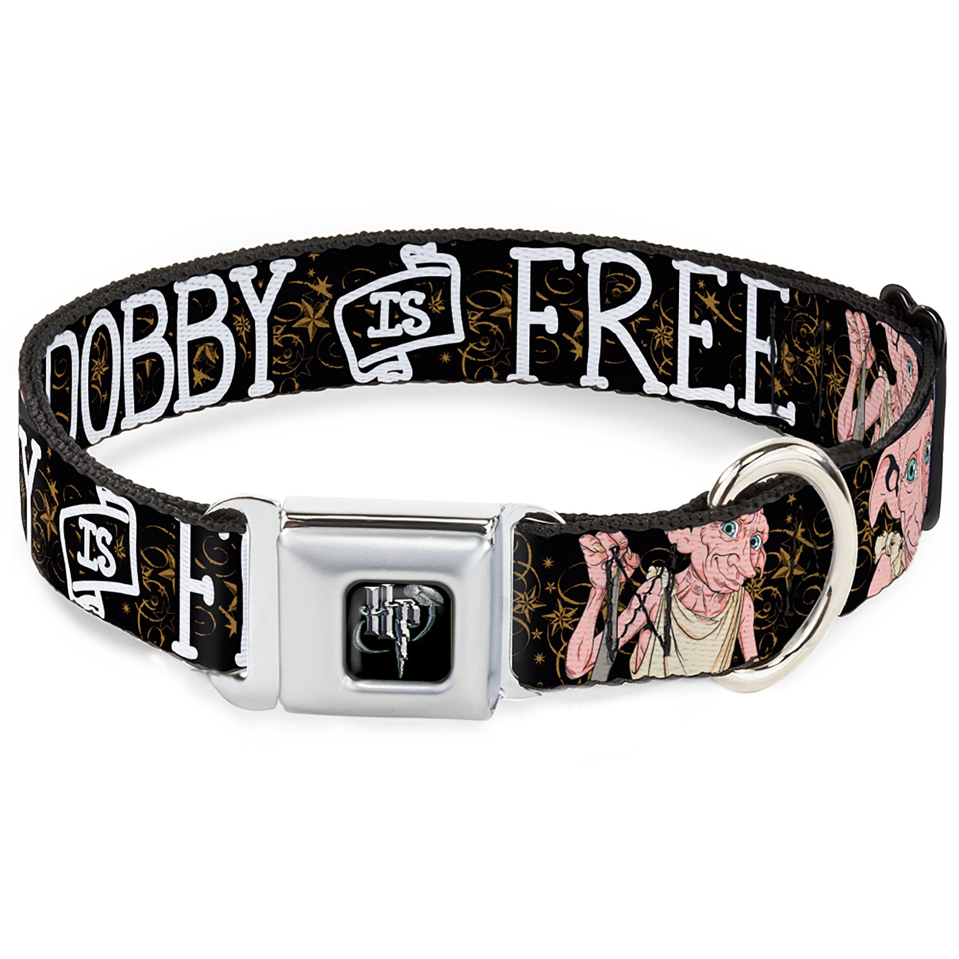 Harry Potter Logo Full Color Black/White Seatbelt Buckle Collar - DOBBY IS FREE/3-Dobby Poses Star Swirls Black/Gold/White Seatbelt Buckle Collars Harry Potter