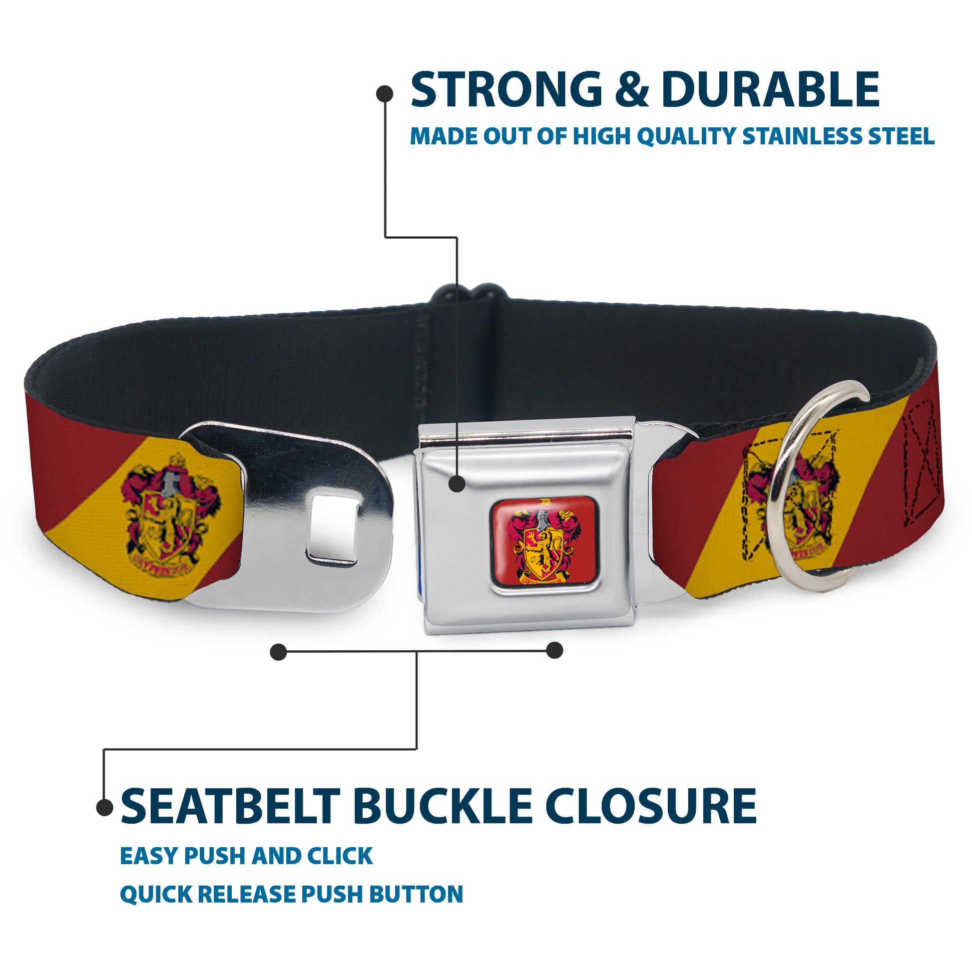 GRYFFINDOR Crest Full Color Red Seatbelt Buckle Collar - GRYFFINDOR Crest Diagonal Stripe Gold/Red Seatbelt Buckle Collars Harry Potter