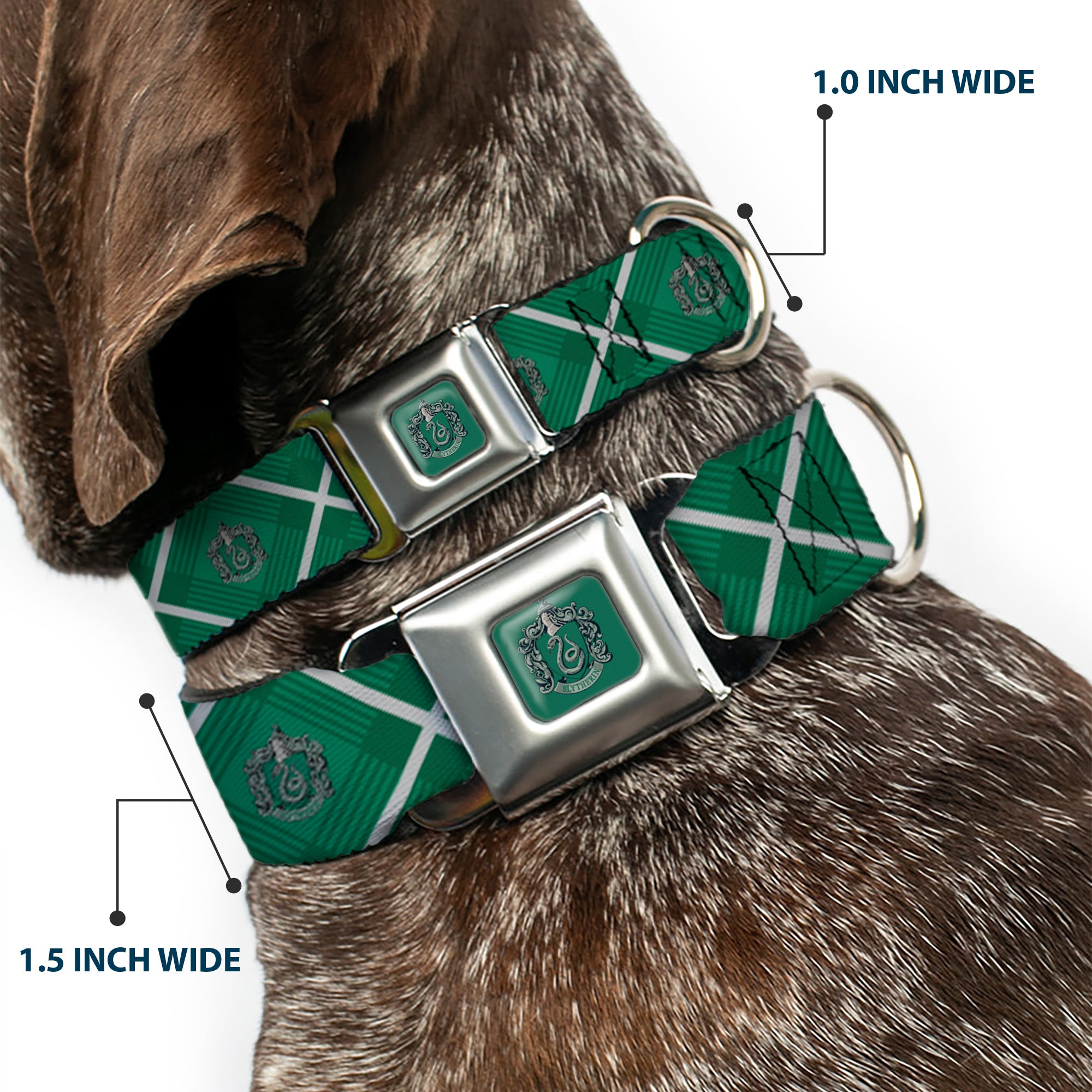 SLYTHERIN Crest Full Color Green Seatbelt Buckle Collar - Harry Potter Slytherin Crest Plaid Greens/Gray Seatbelt Buckle Collars Harry Potter
