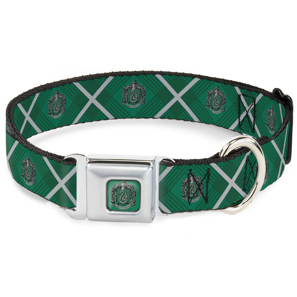 SLYTHERIN Crest Full Color Green Seatbelt Buckle Collar - Harry Potter Slytherin Crest Plaid Greens/Gray Seatbelt Buckle Collars Harry Potter