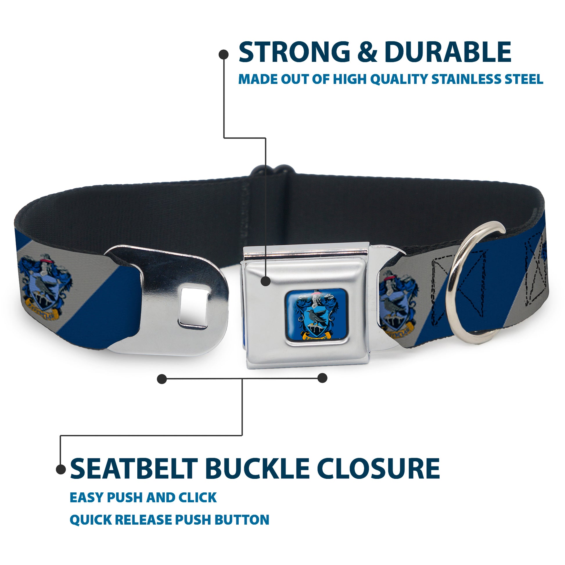 RAVENCLAW Crest Full Color Blue Seatbelt Buckle Collar - RAVENCLAW Crest Diagonal Stripe Gray/Blue Seatbelt Buckle Collars Harry Potter