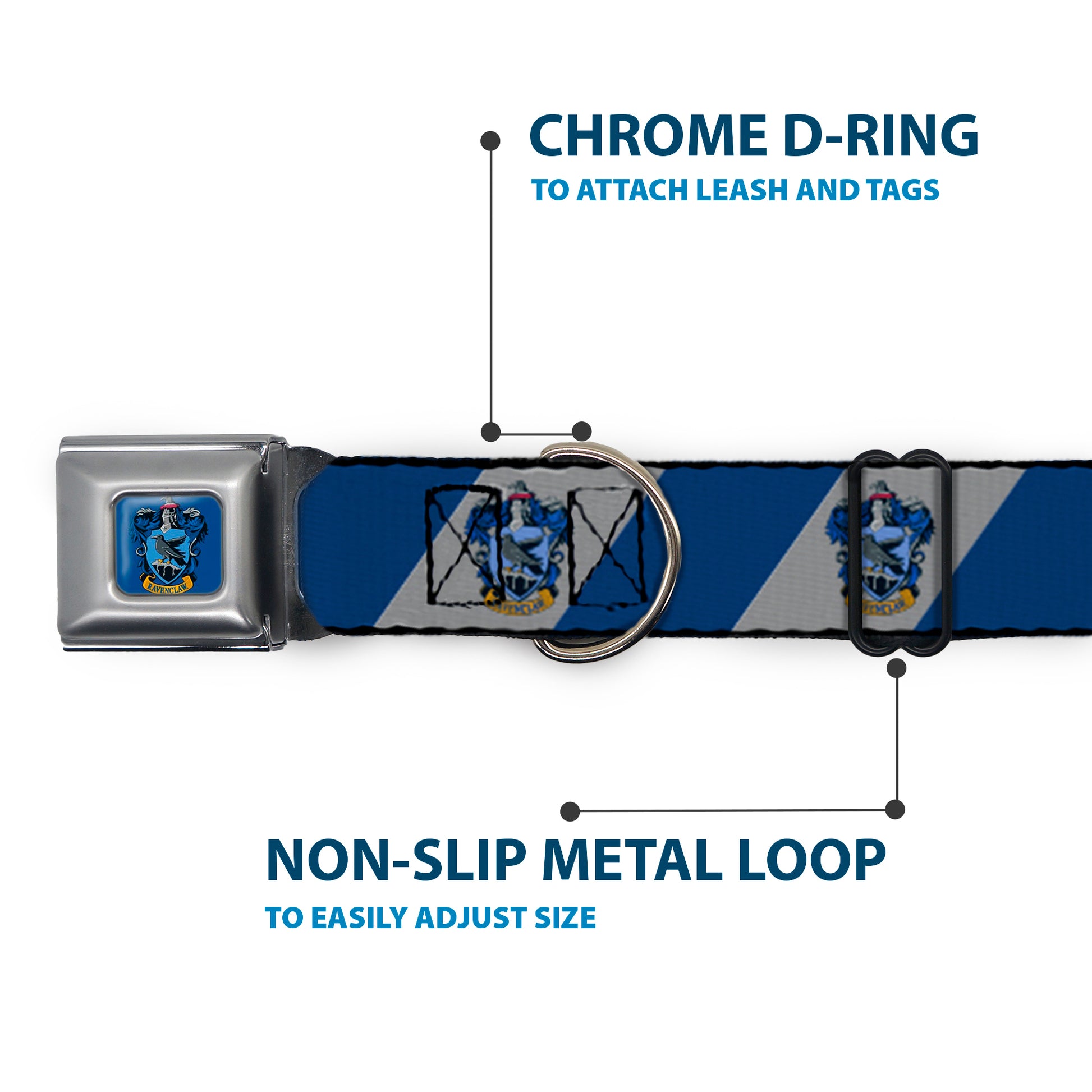 RAVENCLAW Crest Full Color Blue Seatbelt Buckle Collar - RAVENCLAW Crest Diagonal Stripe Gray/Blue Seatbelt Buckle Collars Harry Potter