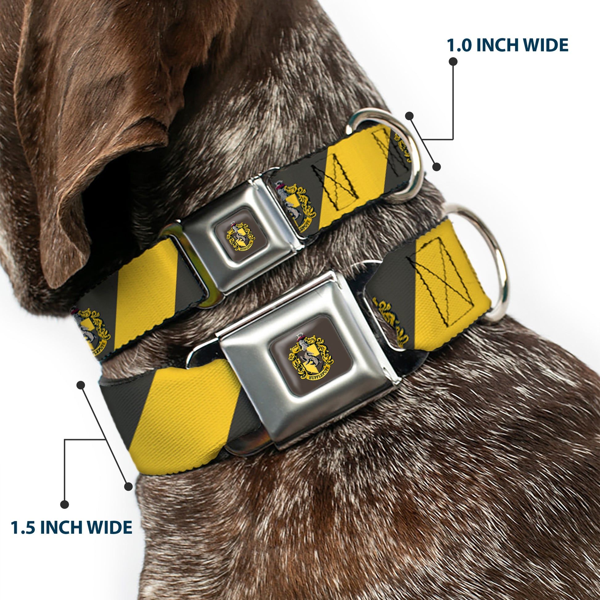 HUFFLEPUFF Crest Full Color Charcoal Gray Seatbelt Buckle Collar - HUFFLEPUFF Crest Diagonal Stripe Charcoal Gray/Yellow Seatbelt Buckle Collars Harry Potter