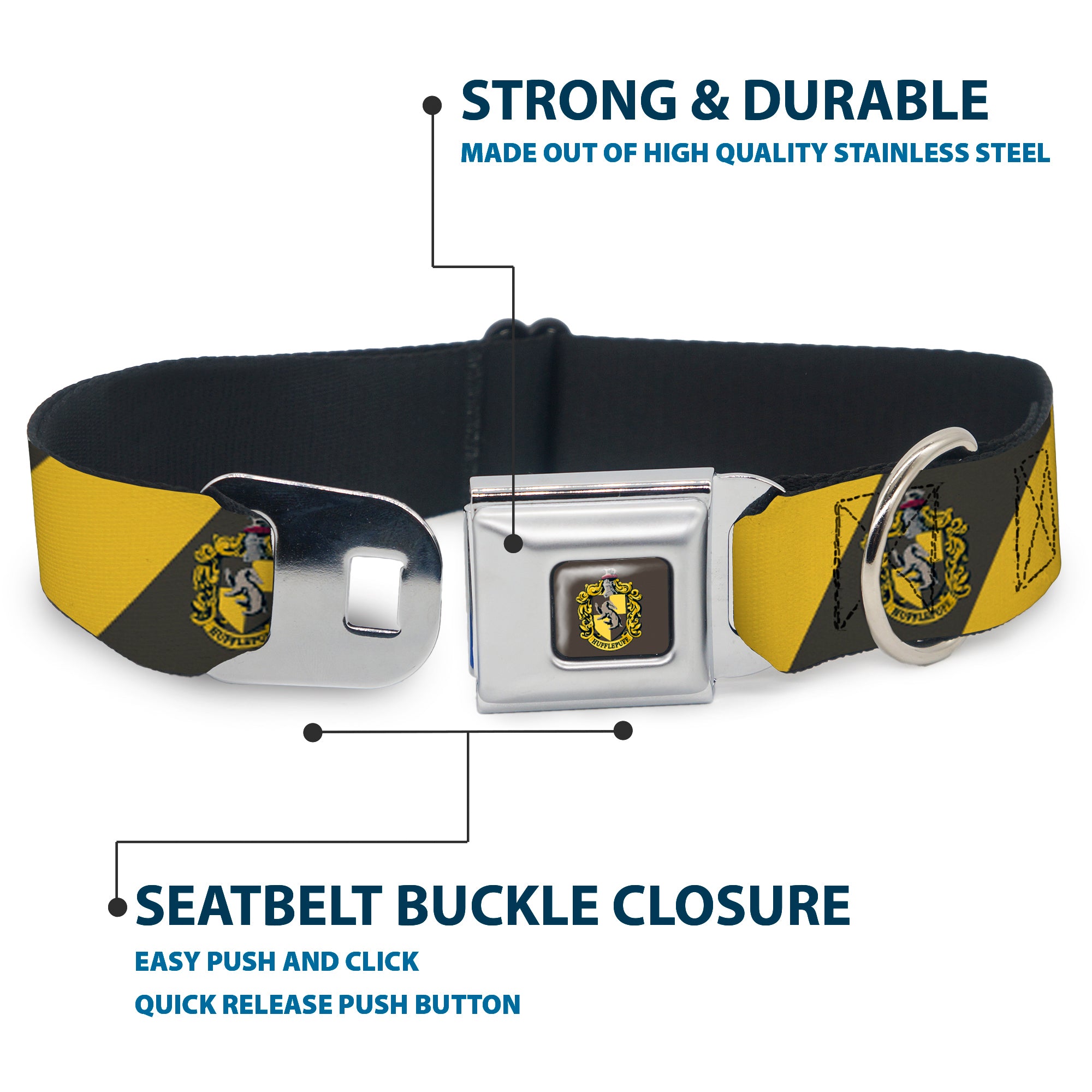 HUFFLEPUFF Crest Full Color Charcoal Gray Seatbelt Buckle Collar - HUFFLEPUFF Crest Diagonal Stripe Charcoal Gray/Yellow Seatbelt Buckle Collars Harry Potter