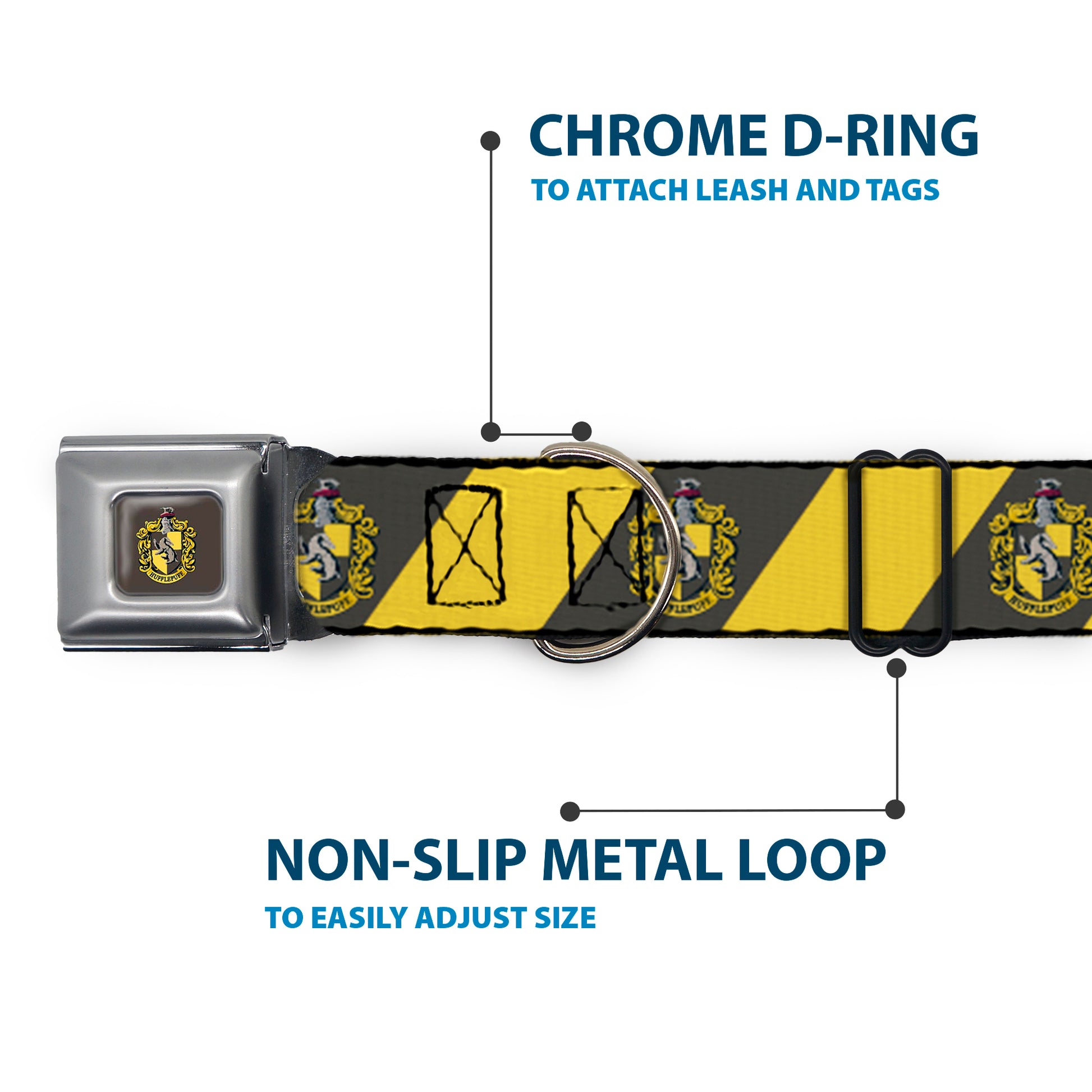 HUFFLEPUFF Crest Full Color Charcoal Gray Seatbelt Buckle Collar - HUFFLEPUFF Crest Diagonal Stripe Charcoal Gray/Yellow Seatbelt Buckle Collars Harry Potter