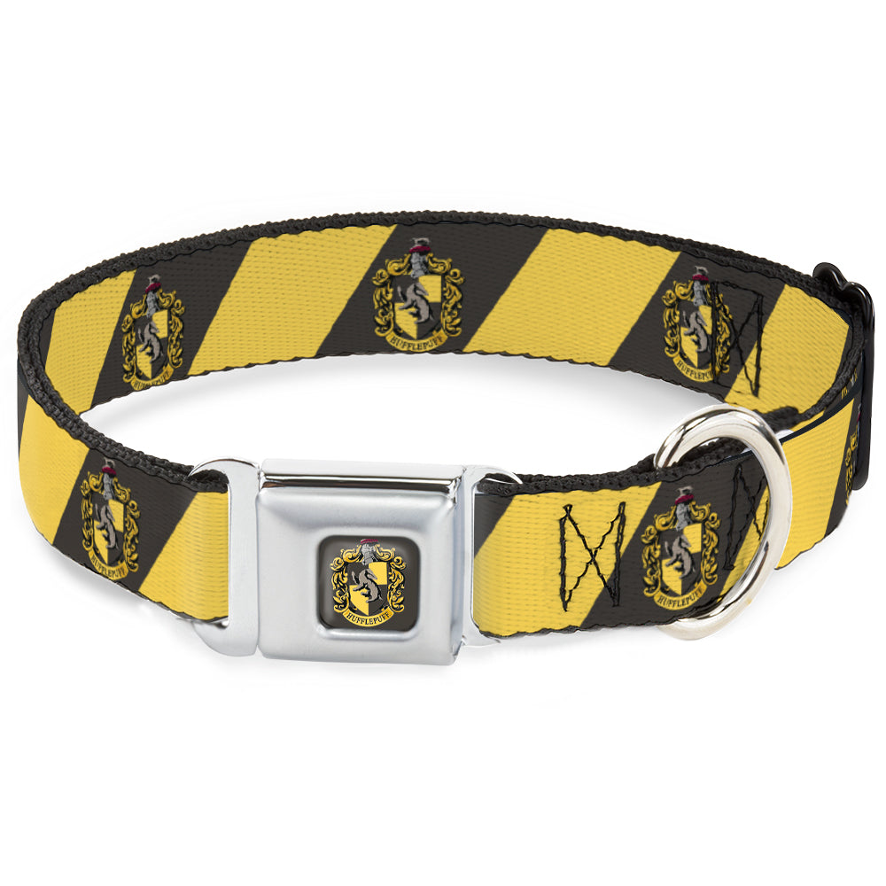 HUFFLEPUFF Crest Full Color Charcoal Gray Seatbelt Buckle Collar - HUFFLEPUFF Crest Diagonal Stripe Charcoal Gray/Yellow Seatbelt Buckle Collars Harry Potter