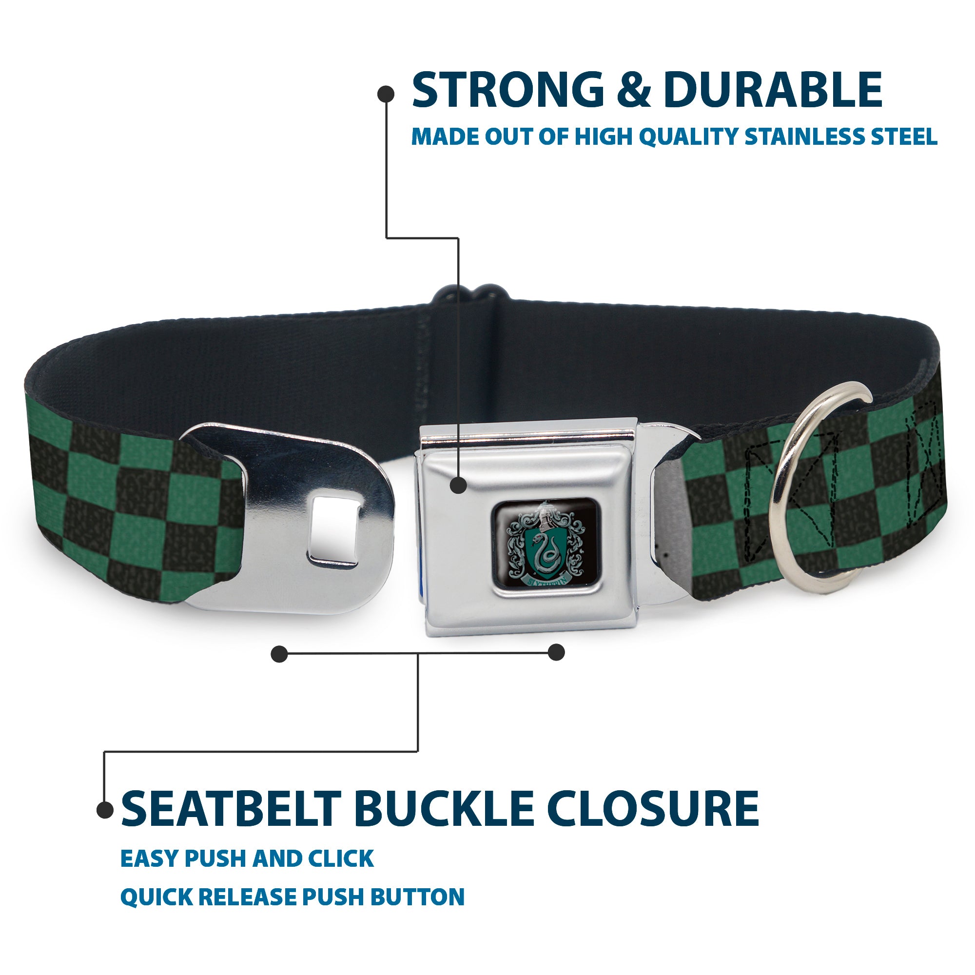 Slytherin Crest Full Color Seatbelt Buckle Collar - Harry Potter SLYTHERIN/Checker Blocks Grays/Greens Seatbelt Buckle Collars Harry Potter