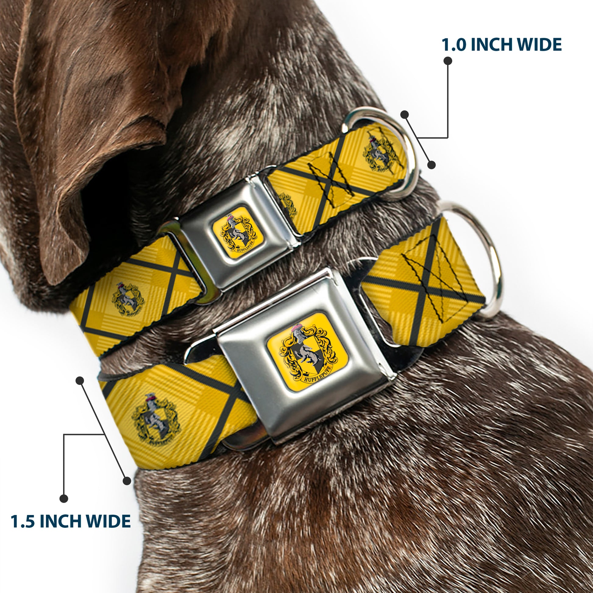 HUFFLEPUFF Crest Full Color Gold Seatbelt Buckle Collar - Harry Potter Hufflepuff Crest Plaid Yellows/Gray Seatbelt Buckle Collars Harry Potter
