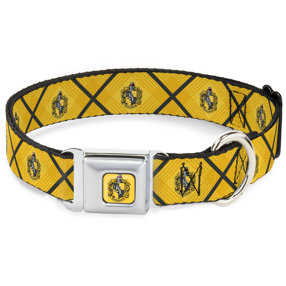 HUFFLEPUFF Crest Full Color Gold Seatbelt Buckle Collar - Harry Potter Hufflepuff Crest Plaid Yellows/Gray Seatbelt Buckle Collars Harry Potter