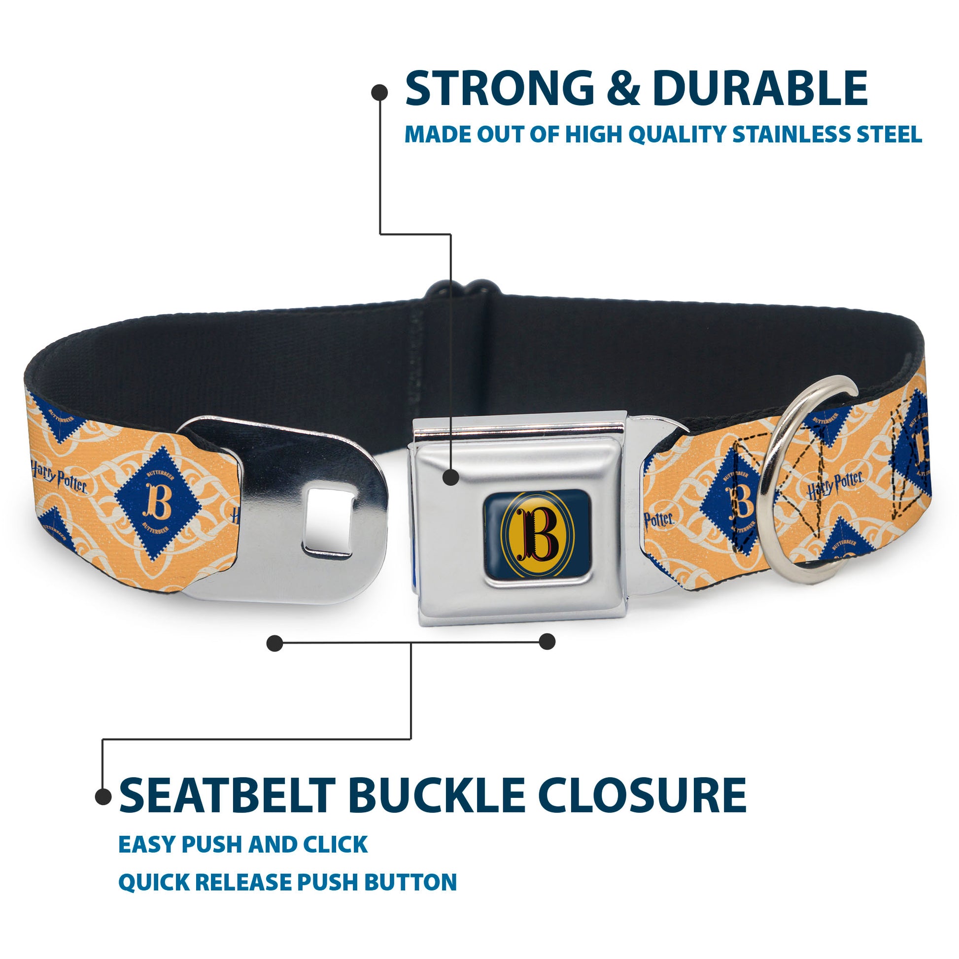 Harry Potter Butterbeer Logo Full Color Navy/Yellow Seatbelt Buckle Collar - HARRY POTTER Butterbeer Diamond Logo White/Yellow/Blue Seatbelt Buckle Collars Harry Potter