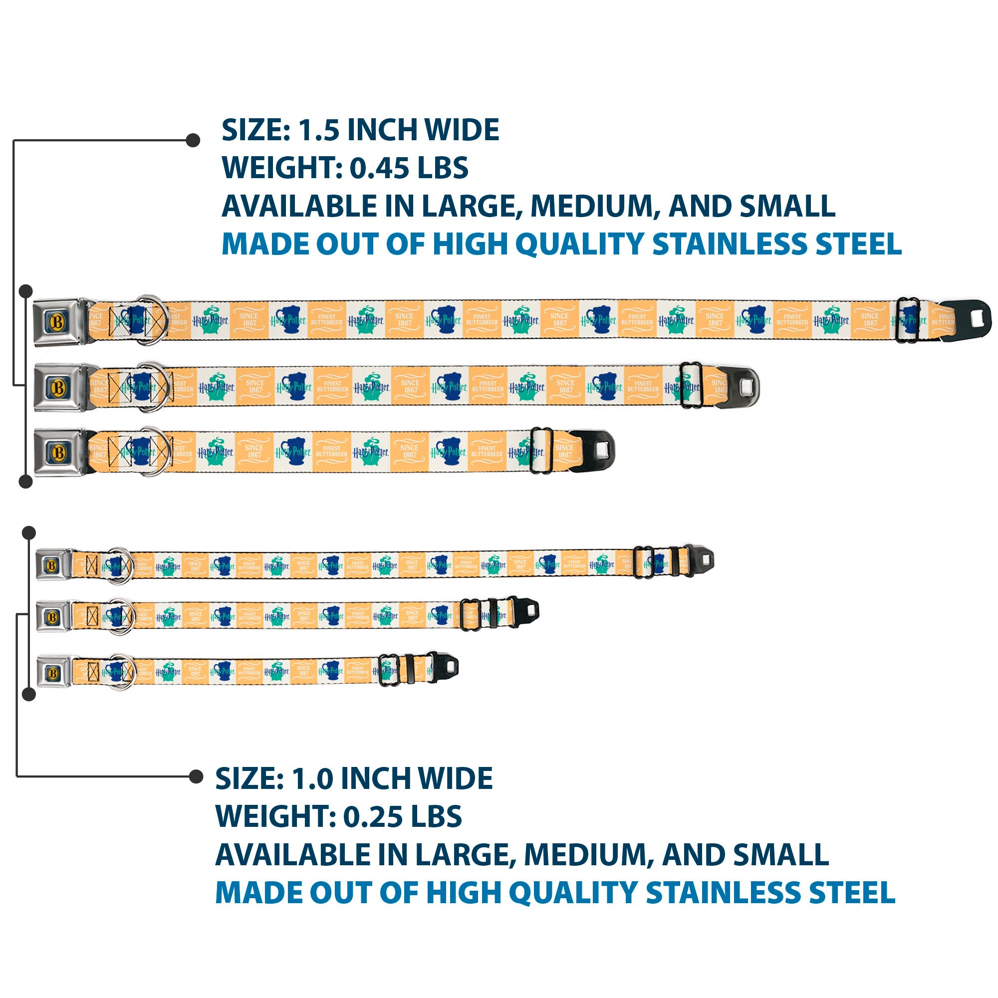 Harry Potter Butterbeer Logo Full Color Navy/Yellow Seatbelt Buckle Collar - Harry Potter FINEST BUTTERBEER SINCE 1867 Icon Blocks Yellow/White/Blues Seatbelt Buckle Collars Harry Potter