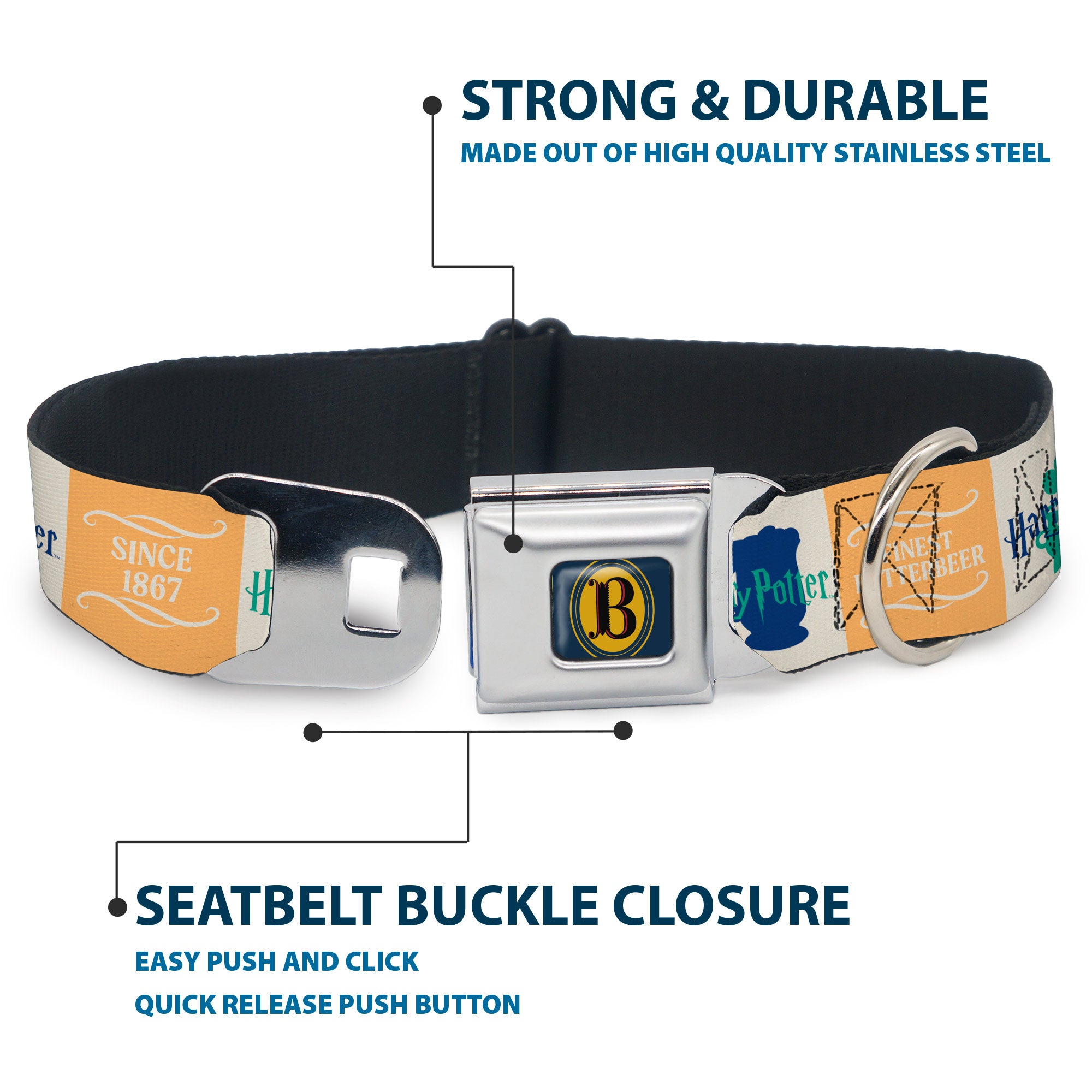 Harry Potter Butterbeer Logo Full Color Navy/Yellow Seatbelt Buckle Collar - Harry Potter FINEST BUTTERBEER SINCE 1867 Icon Blocks Yellow/White/Blues Seatbelt Buckle Collars Harry Potter