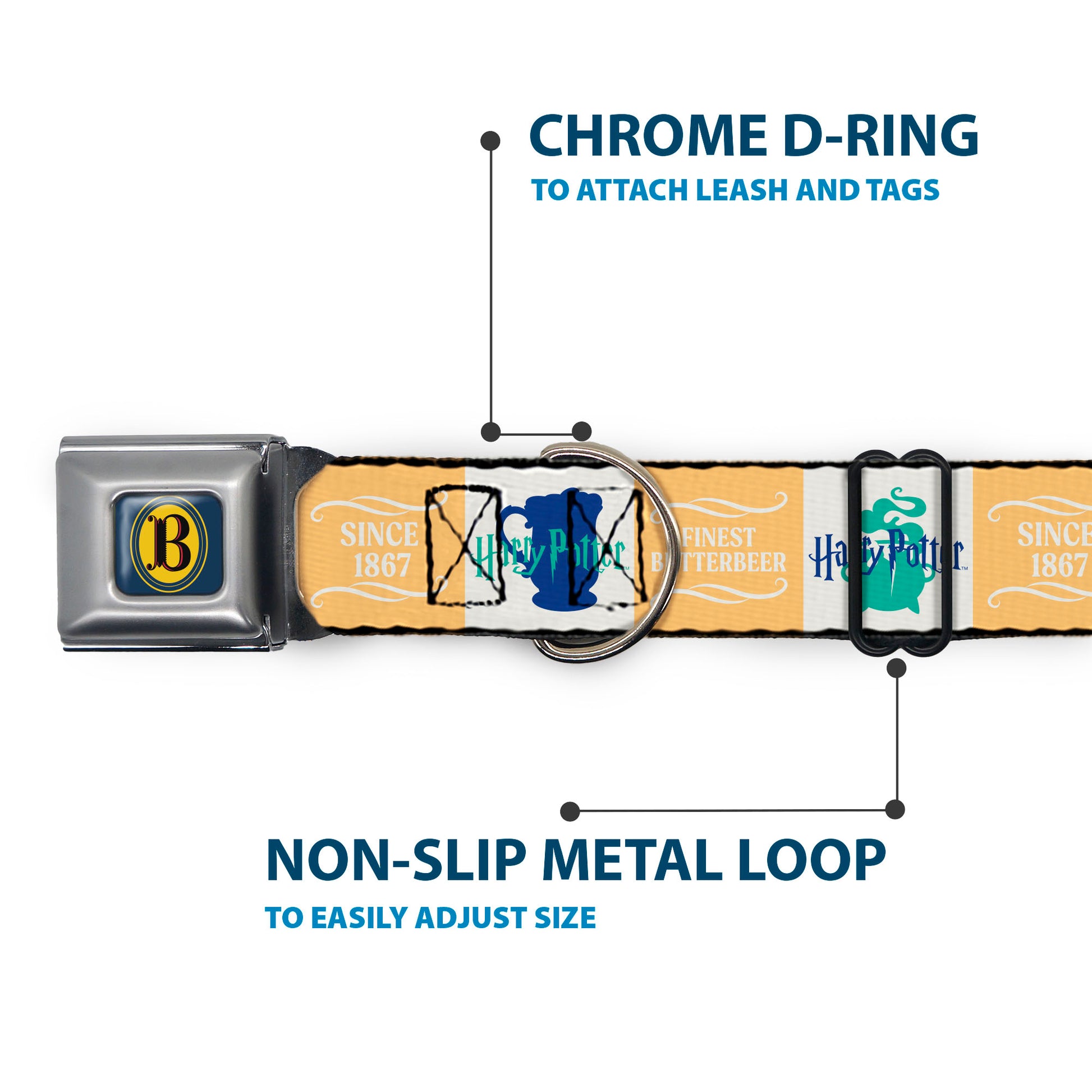 Harry Potter Butterbeer Logo Full Color Navy/Yellow Seatbelt Buckle Collar - Harry Potter FINEST BUTTERBEER SINCE 1867 Icon Blocks Yellow/White/Blues Seatbelt Buckle Collars Harry Potter