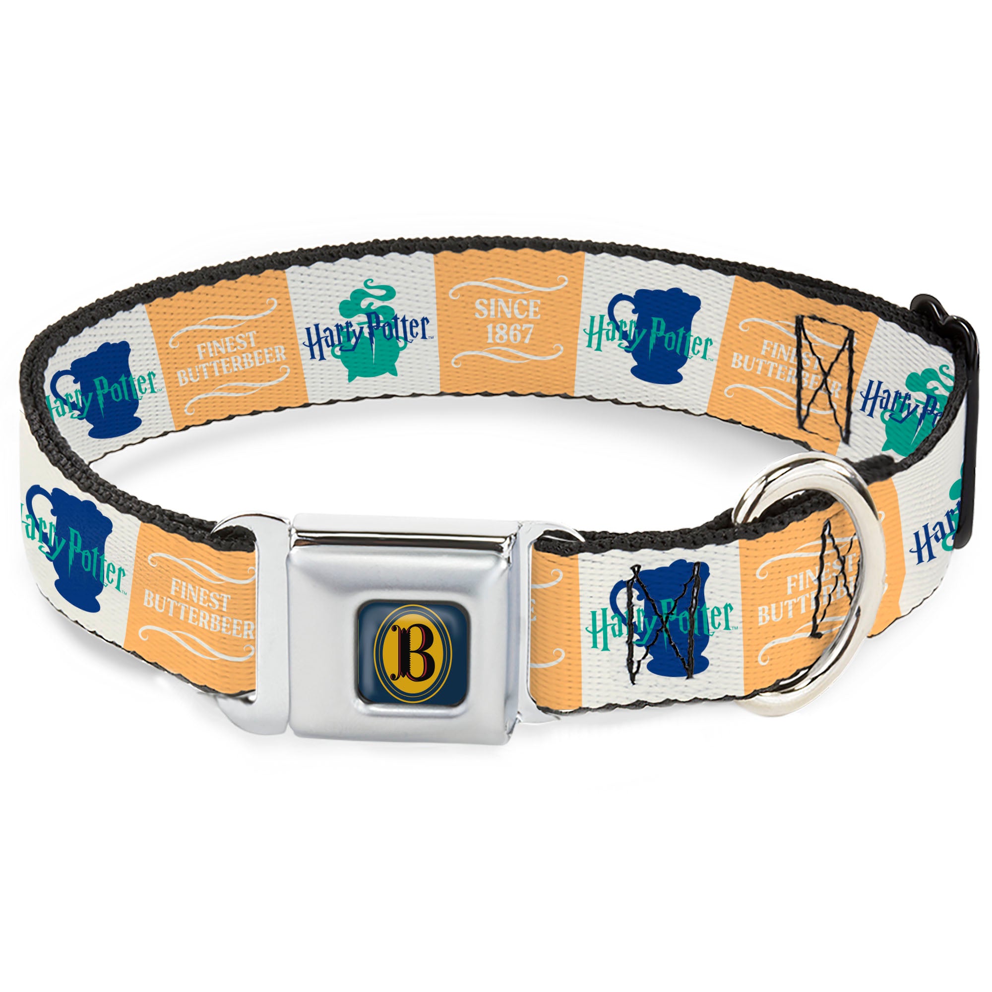 Harry Potter Butterbeer Logo Full Color Navy/Yellow Seatbelt Buckle Collar - Harry Potter FINEST BUTTERBEER SINCE 1867 Icon Blocks Yellow/White/Blues Seatbelt Buckle Collars Harry Potter