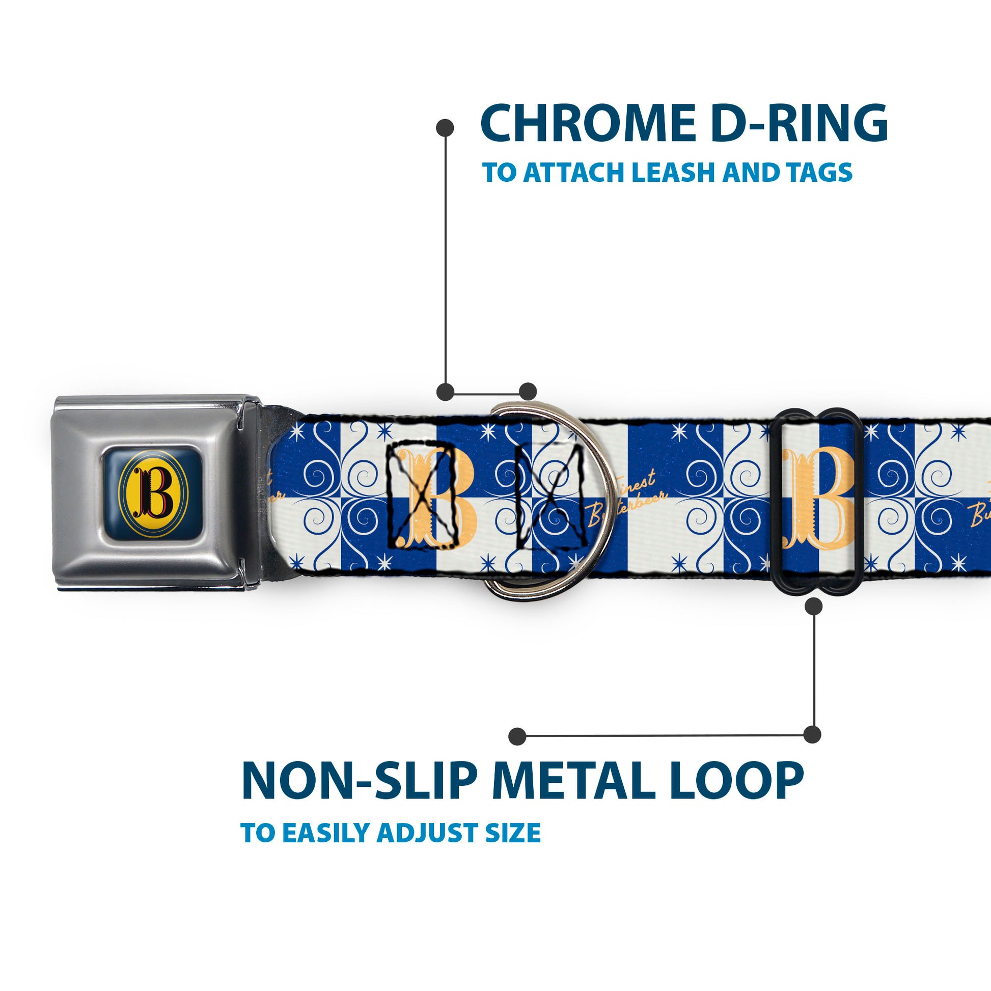 Harry Potter Butterbeer Logo Full Color Navy/Yellow Seatbelt Buckle Collar - Harry Potter Butterbeer Logo Checker White/Blue/Yellow Seatbelt Buckle Collars Harry Potter