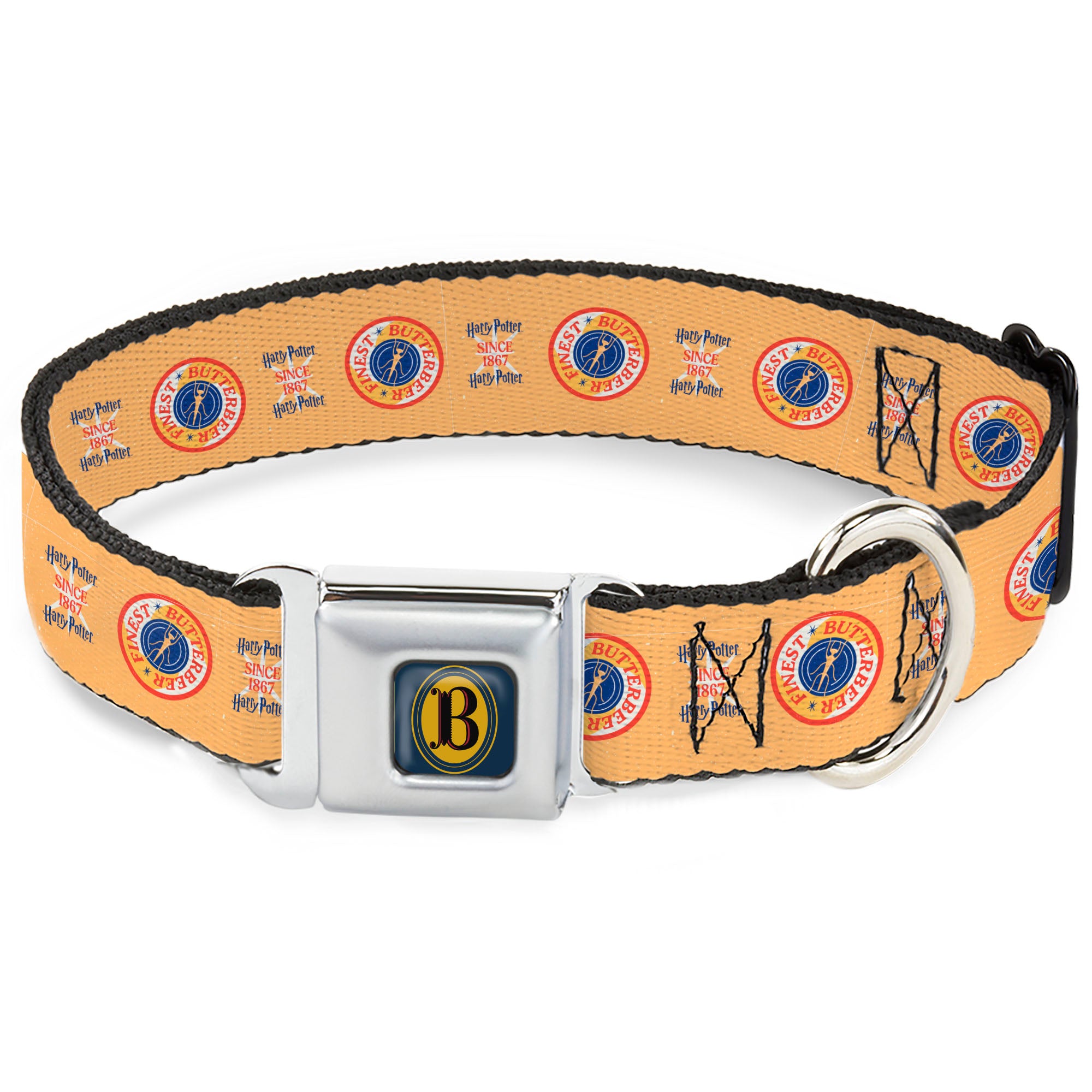 Harry Potter Butterbeer Logo Full Color Navy/Yellow Seatbelt Buckle Collar - HARRY POTTER SINCE 1867 FINEST BUTTERBEER Icon Yellow/Blue/Red Seatbelt Buckle Collars Harry Potter