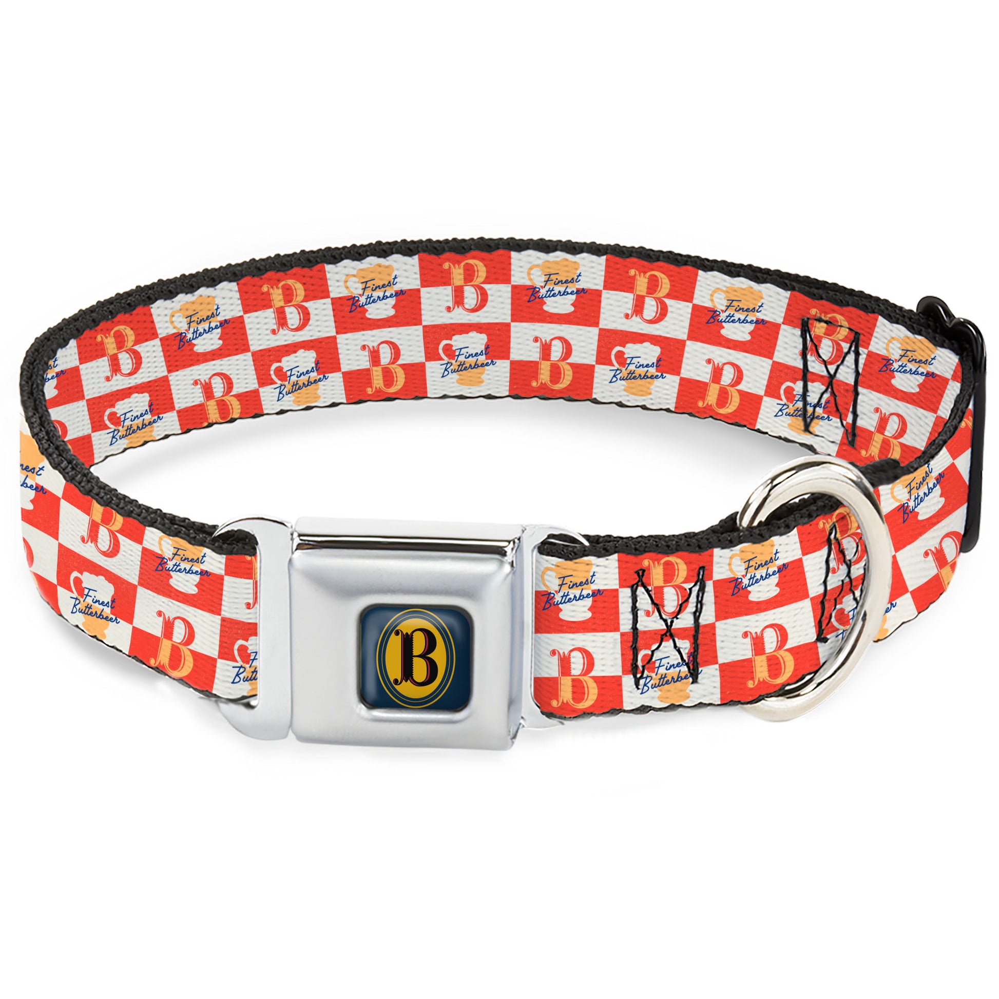 Harry Potter Butterbeer Logo Full Color Navy/Yellow Seatbelt Buckle Collar - HARRY POTTER FINEST BUTTERBEER Logo and Mug Checker Red/White/Yellow Seatbelt Buckle Collars Harry Potter