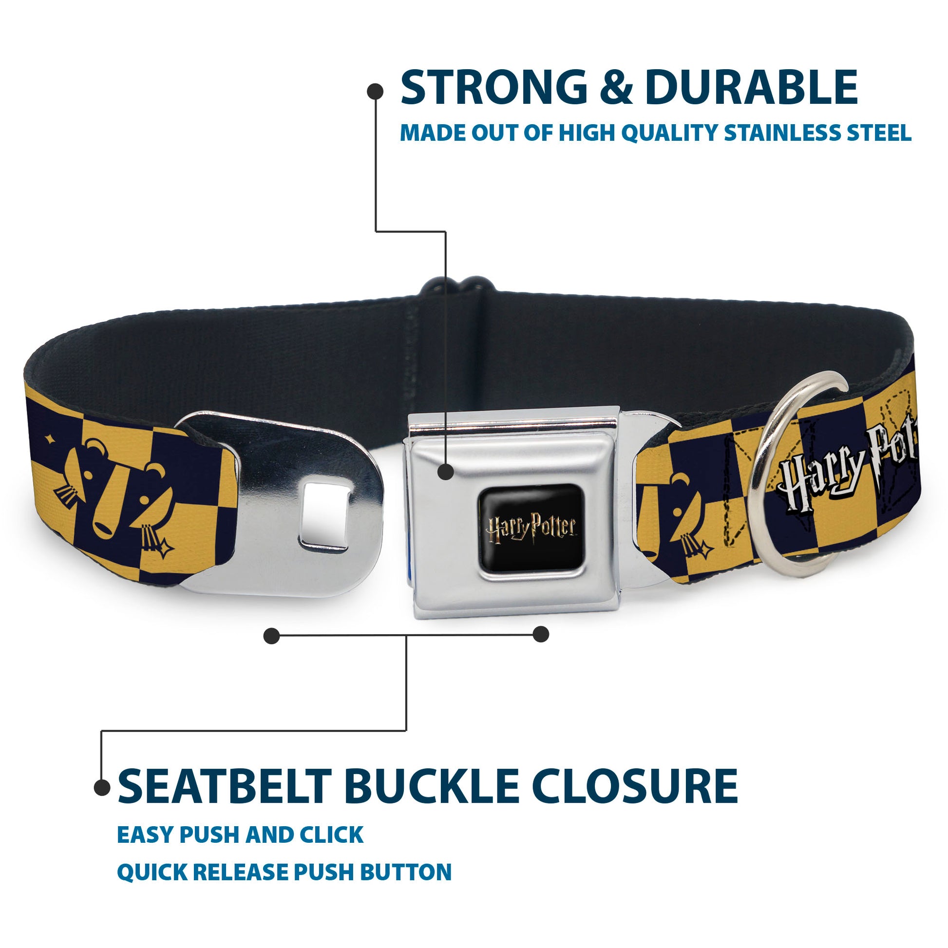 HARRY POTTER Title Logo Full Color Black Seatbelt Buckle Collar - Harry Potter Hufflepuff Icons Checker Yellow/Navy Seatbelt Buckle Collars Harry Potter