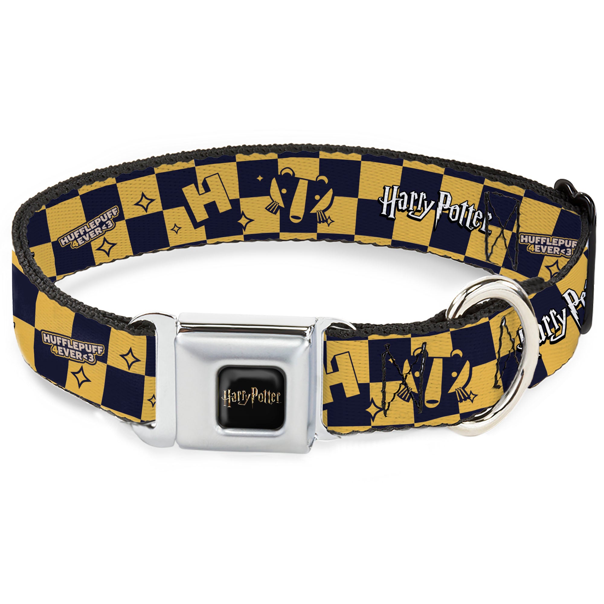 HARRY POTTER Title Logo Full Color Black Seatbelt Buckle Collar - Harry Potter Hufflepuff Icons Checker Yellow/Navy Seatbelt Buckle Collars Harry Potter