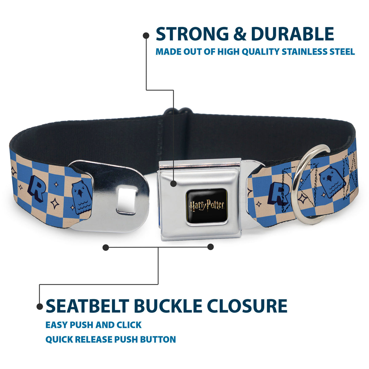 HARRY POTTER Title Logo Full Color Black Seatbelt Buckle Collar - Harry Potter Ravenclaw Icons Checker White/Blue Dog Collars Seatbelt Buckle Harry Potter