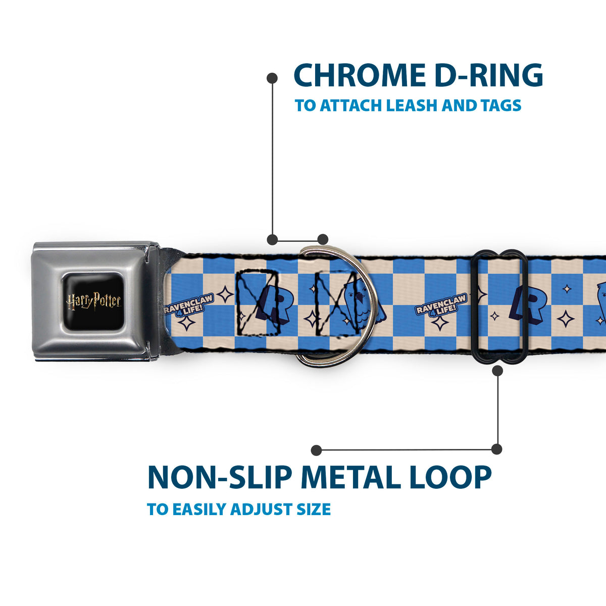 HARRY POTTER Title Logo Full Color Black Seatbelt Buckle Collar - Harry Potter Ravenclaw Icons Checker White/Blue Dog Collars Seatbelt Buckle Harry Potter