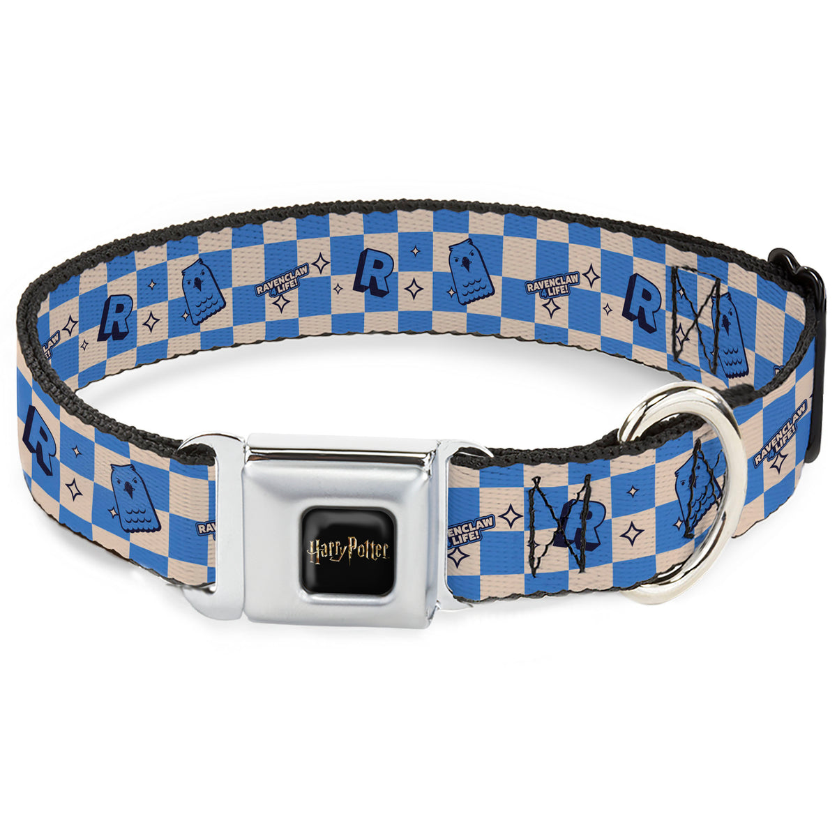 HARRY POTTER Title Logo Full Color Black Seatbelt Buckle Collar - Harry Potter Ravenclaw Icons Checker White/Blue Dog Collars Seatbelt Buckle Harry Potter