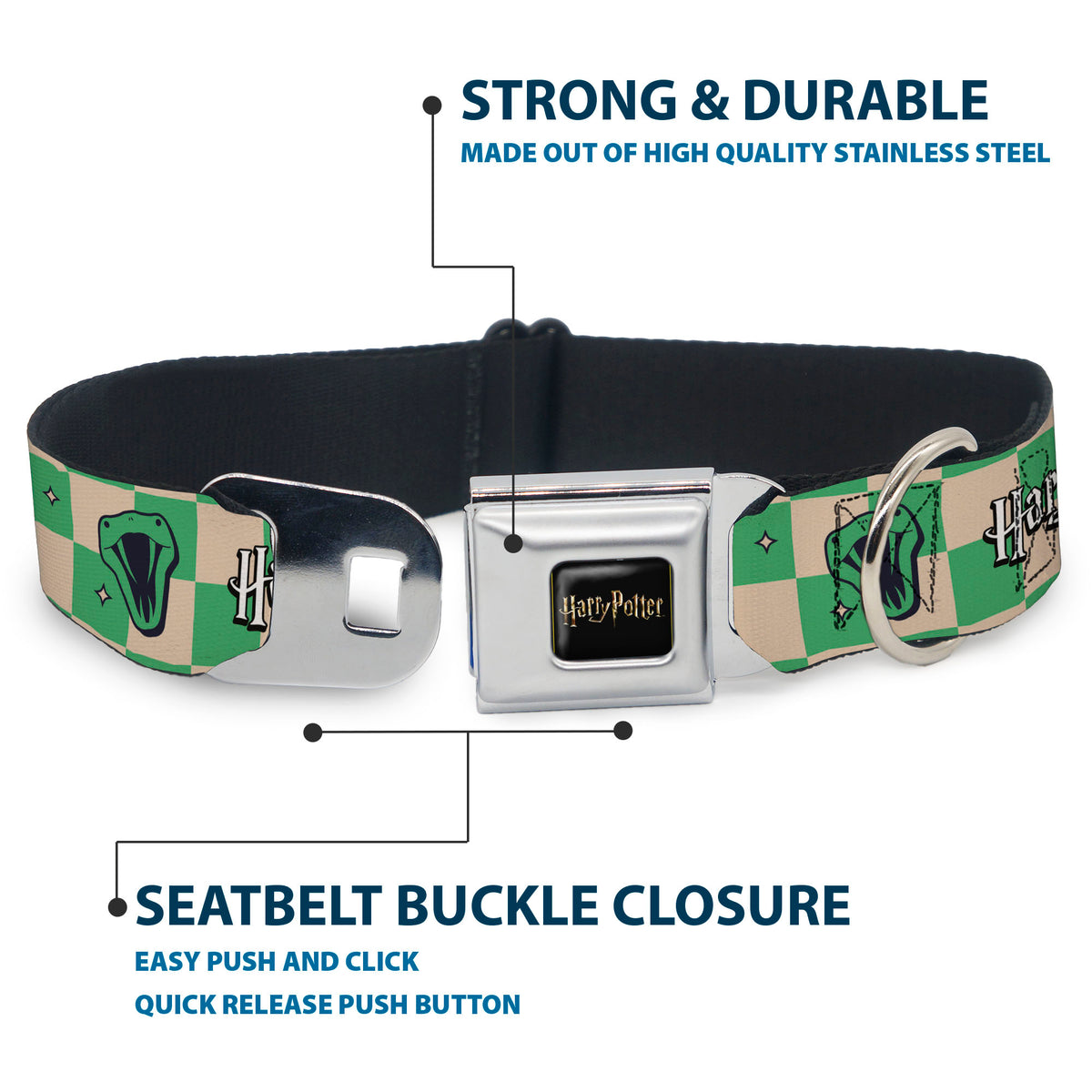 HARRY POTTER Title Logo Full Color Black Seatbelt Buckle Collar - Harry Potter Slytherin Icons Checker Cream/Mint Dog Collars Seatbelt Buckle Harry Potter
