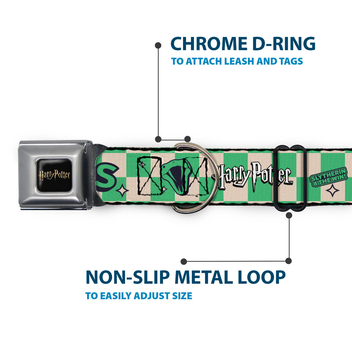 HARRY POTTER Title Logo Full Color Black Seatbelt Buckle Collar - Harry Potter Slytherin Icons Checker Cream/Mint Dog Collars Seatbelt Buckle Harry Potter