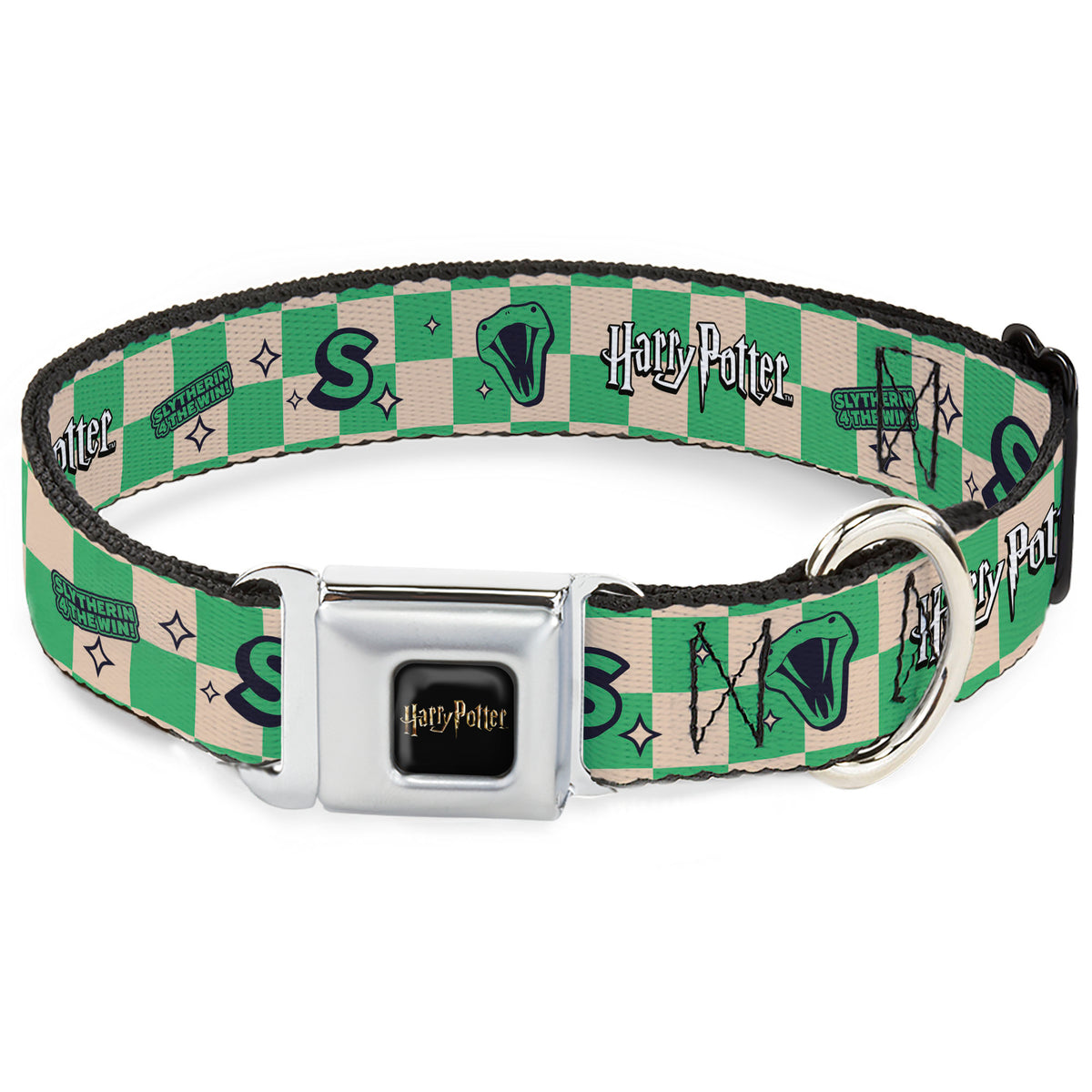 HARRY POTTER Title Logo Full Color Black Seatbelt Buckle Collar - Harry Potter Slytherin Icons Checker Cream/Mint Dog Collars Seatbelt Buckle Harry Potter