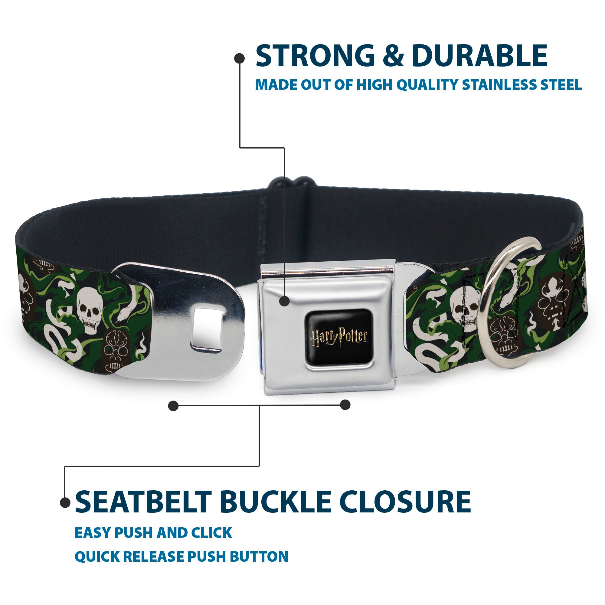 HARRY POTTER Title Logo Full Color Black Seatbelt Buckle Collar - HARRY POTTER Slytherin Camo and Title Logo Greens Seatbelt Buckle Collars Harry Potter