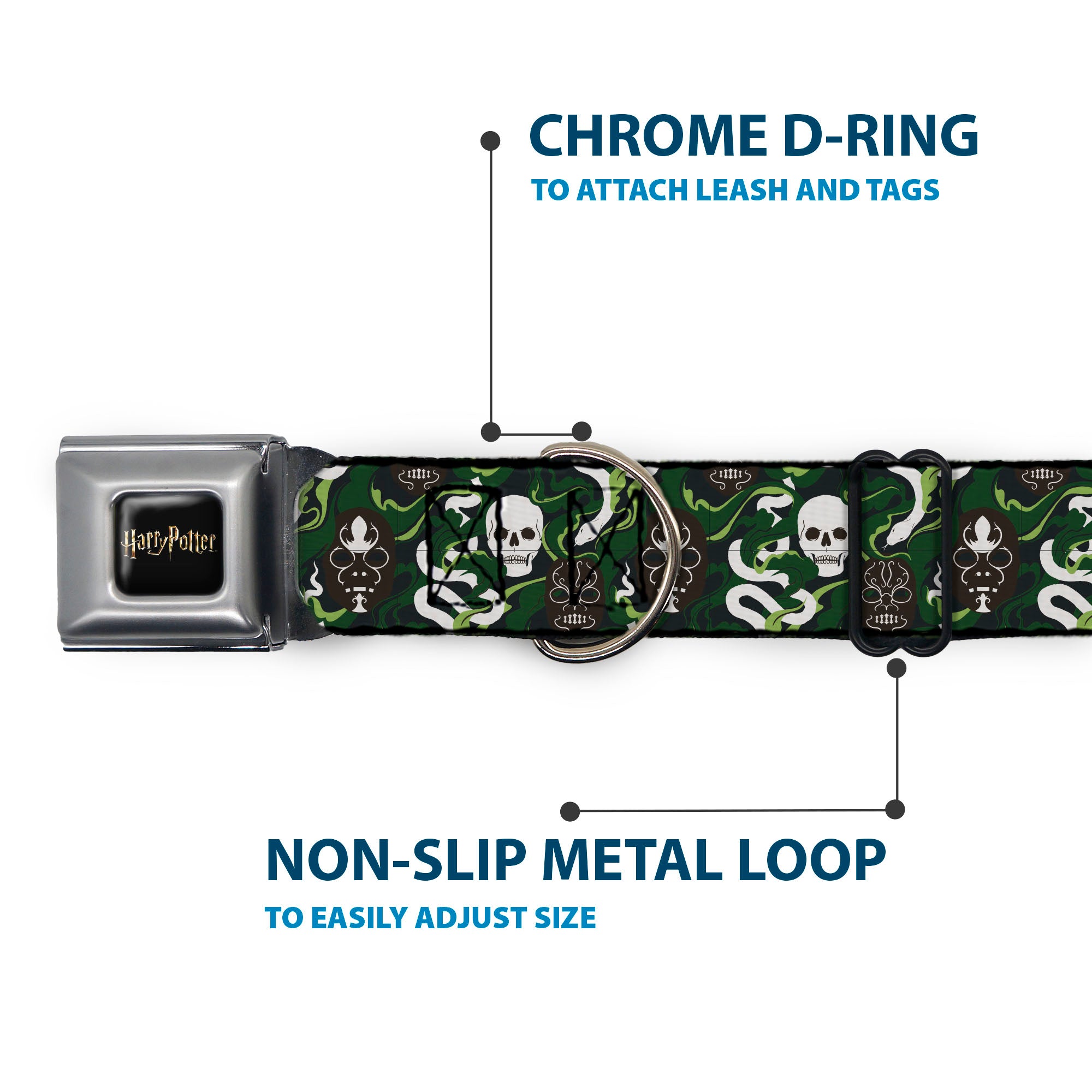 HARRY POTTER Title Logo Full Color Black Seatbelt Buckle Collar - HARRY POTTER Slytherin Camo and Title Logo Greens Seatbelt Buckle Collars Harry Potter