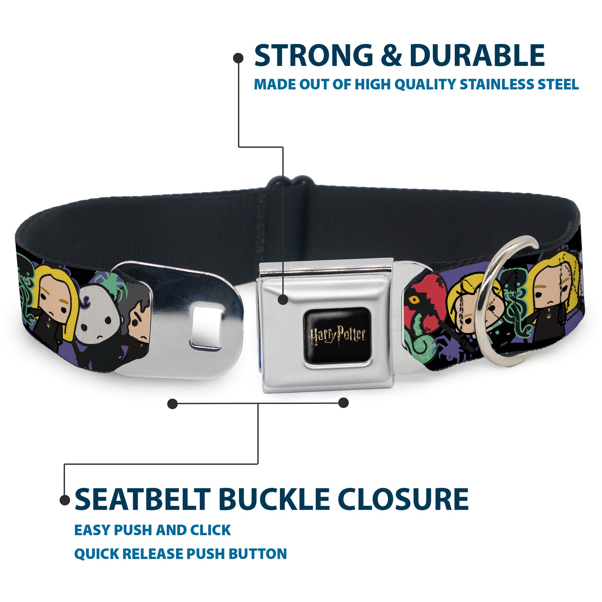 HARRY POTTER Title Logo Full Color Black Seatbelt Buckle Collar - Harry Potter Chibi Slytherin House Characters and Icons Seatbelt Buckle Collars Harry Potter